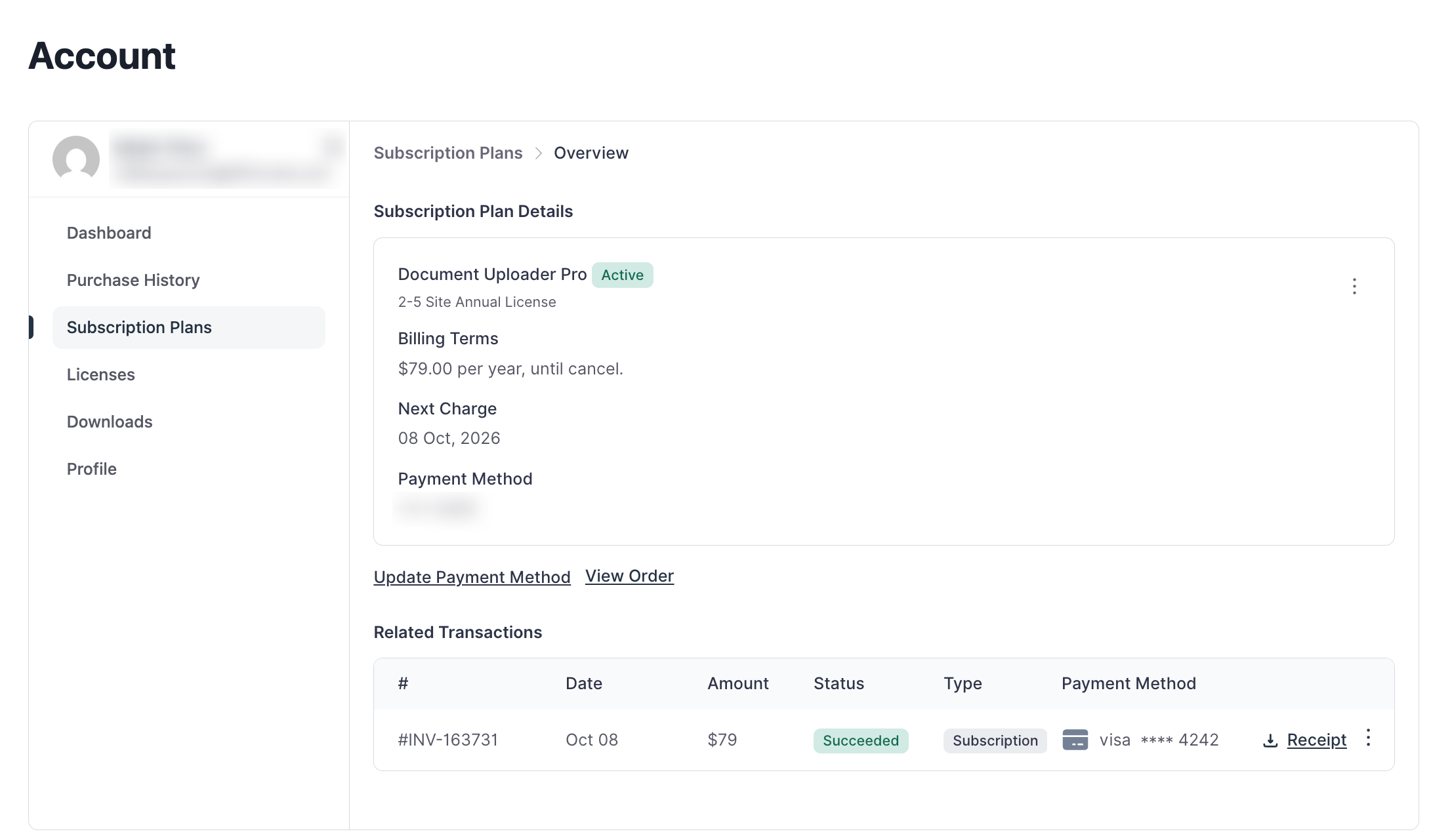 Screenshot of Subscription