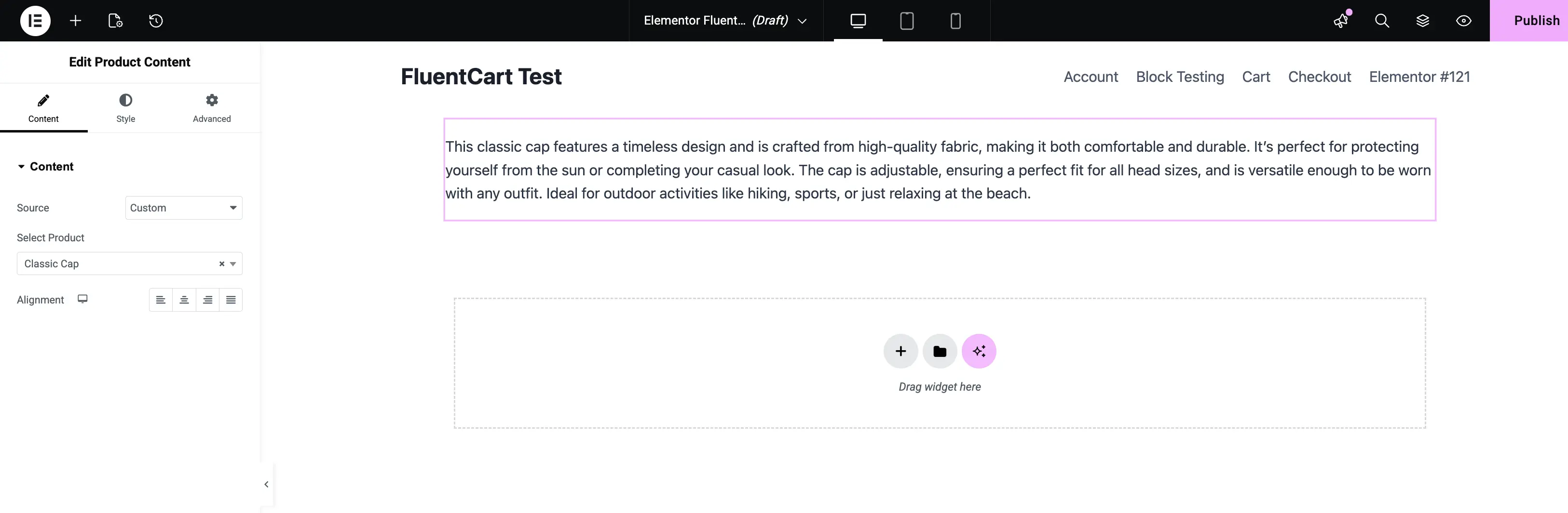 Screenshot of the Product Content widget edit panel in Elementor