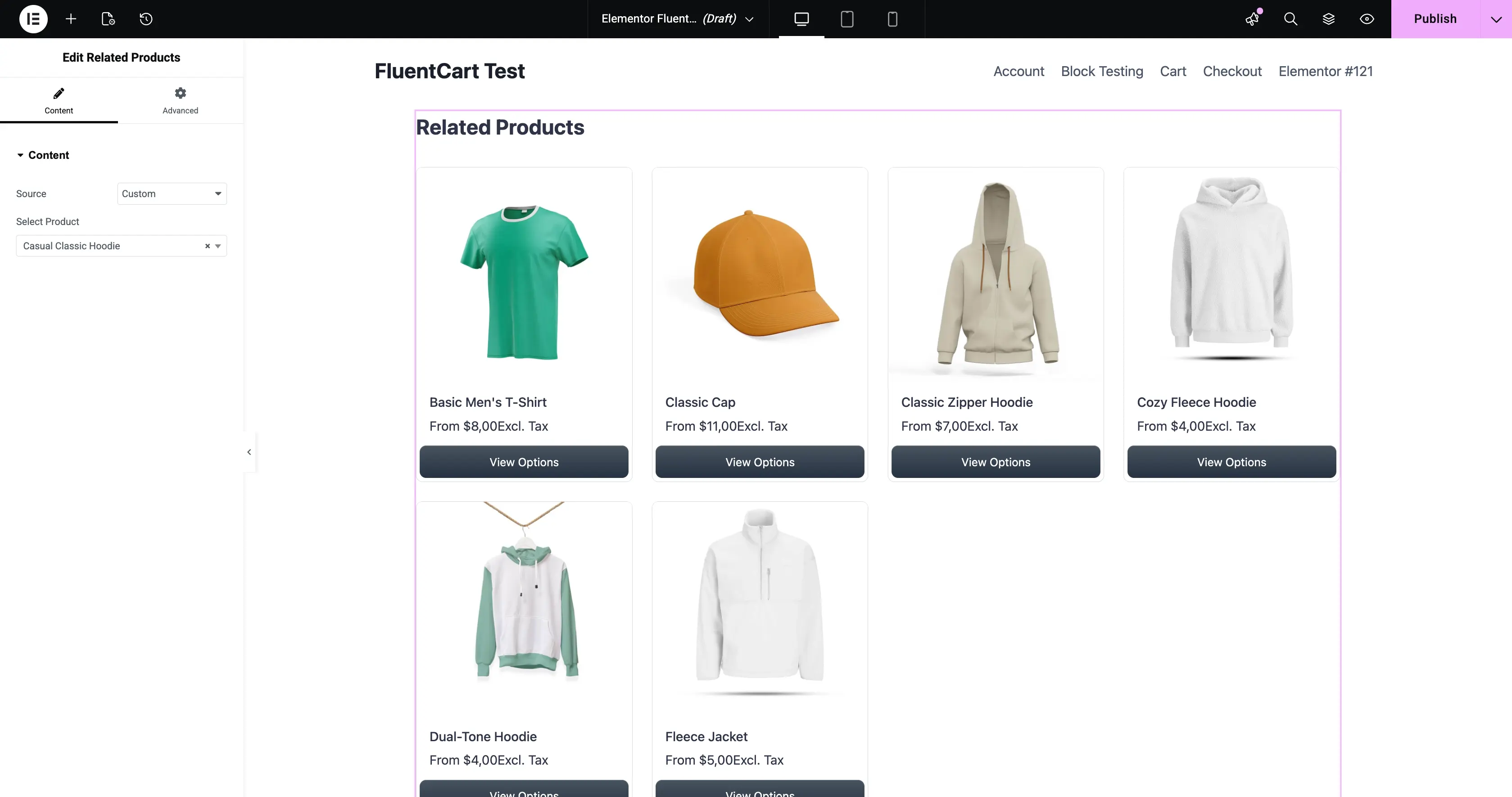 Screenshot of the Related Products widget edit panel in Elementor