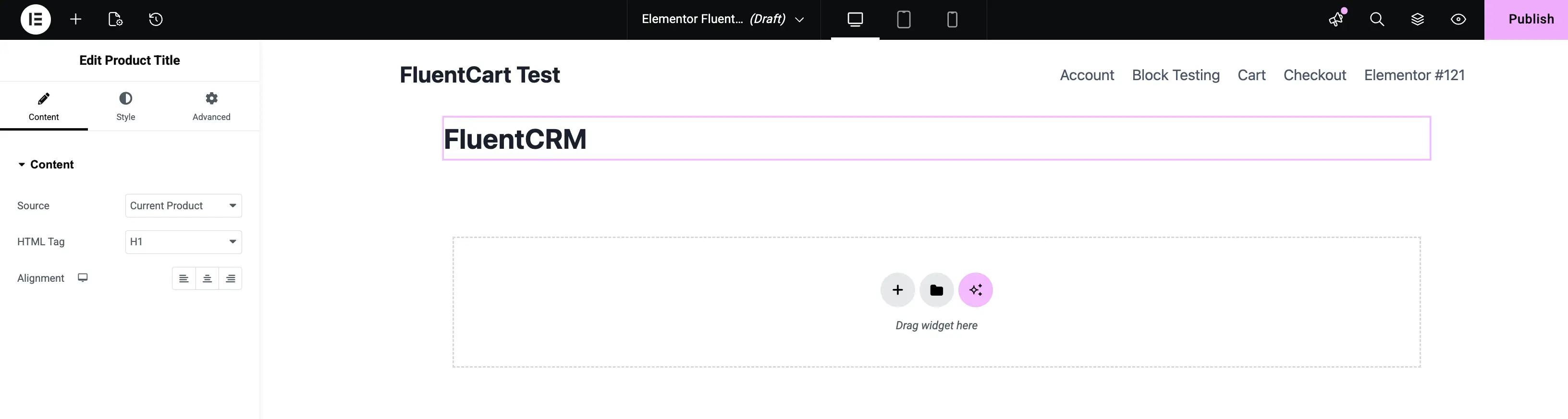 Screenshot of the Product Title widget edit panel in Elementor