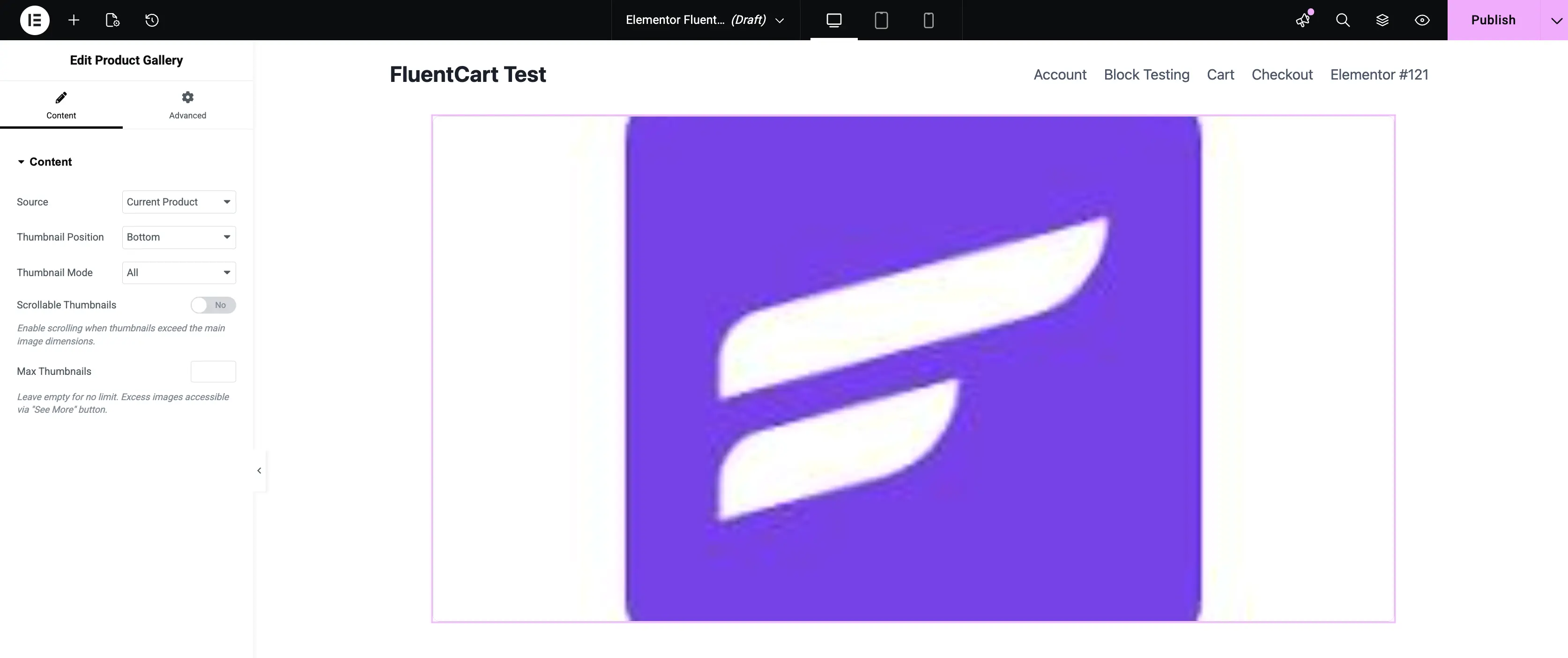 Screenshot of the Product Gallery widget edit panel in Elementor
