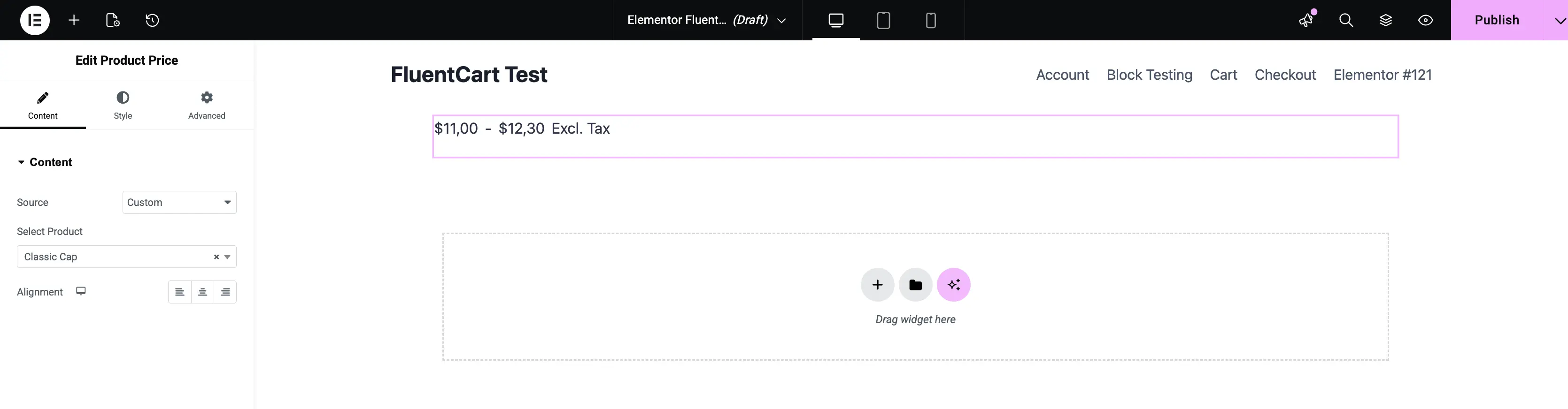 Screenshot of the Product Price widget edit panel in Elementor