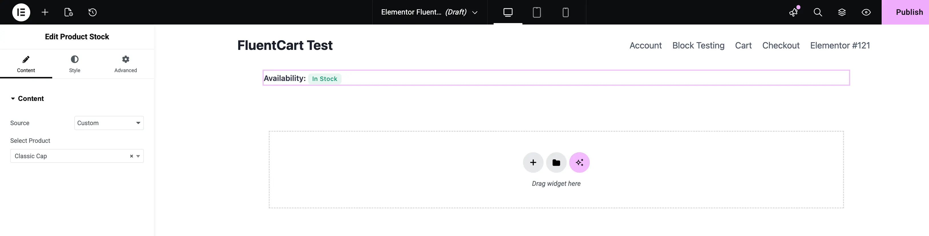 Screenshot of the Product Stock widget edit panel in Elementor