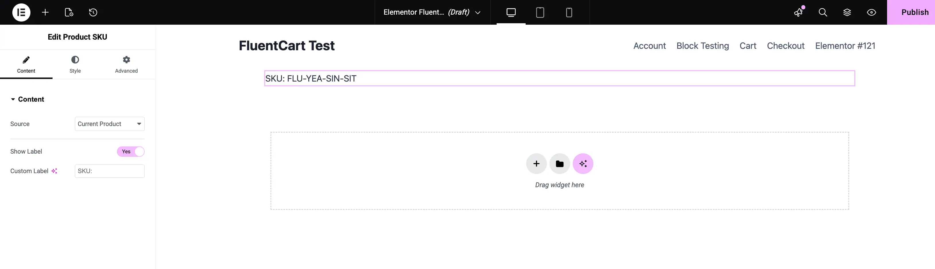 Screenshot of the Product SKU widget edit panel in Elementor