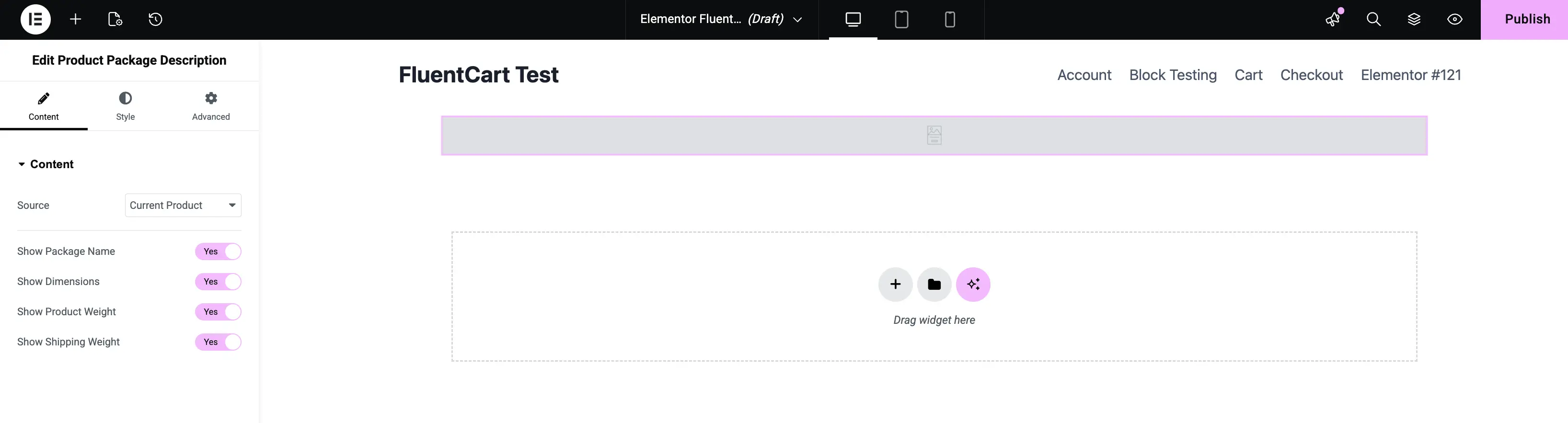 Screenshot of the Product Package Description widget edit panel in Elementor