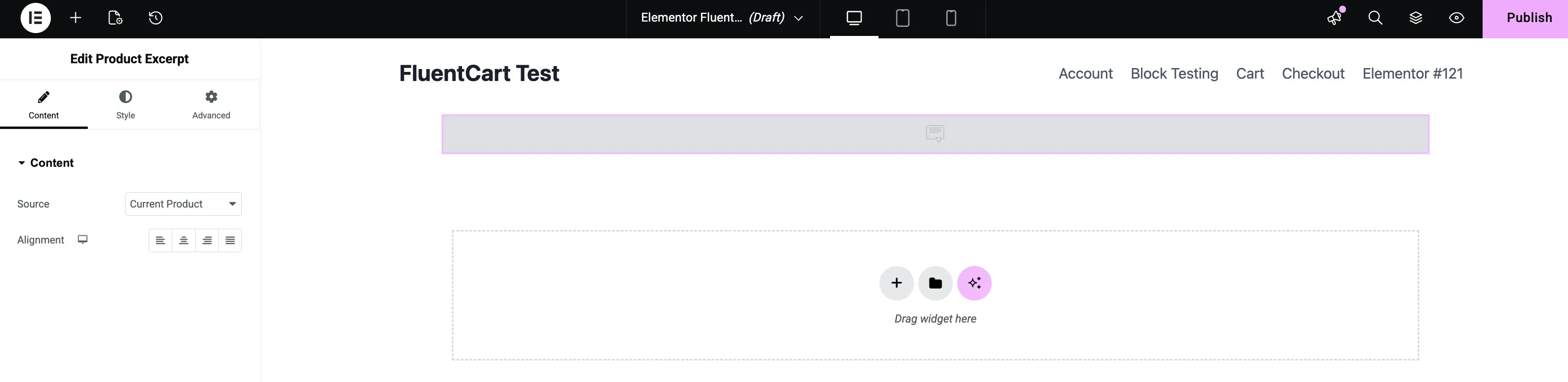 Screenshot of the Product Excerpt widget edit panel in Elementor