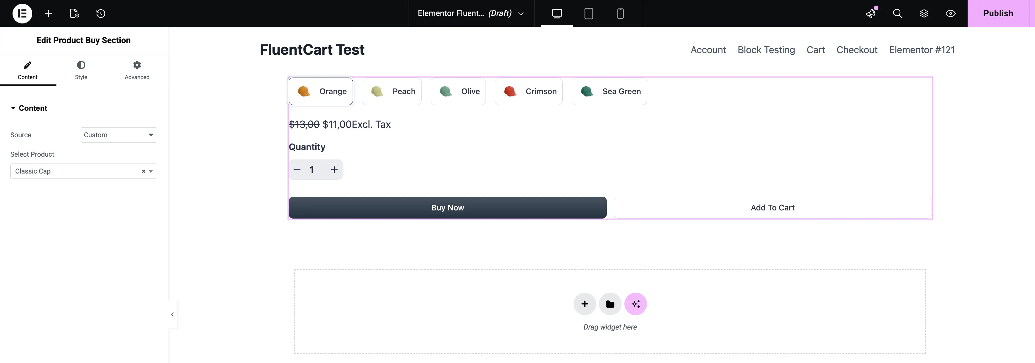Screenshot of the Product Buy Section widget edit panel in Elementor