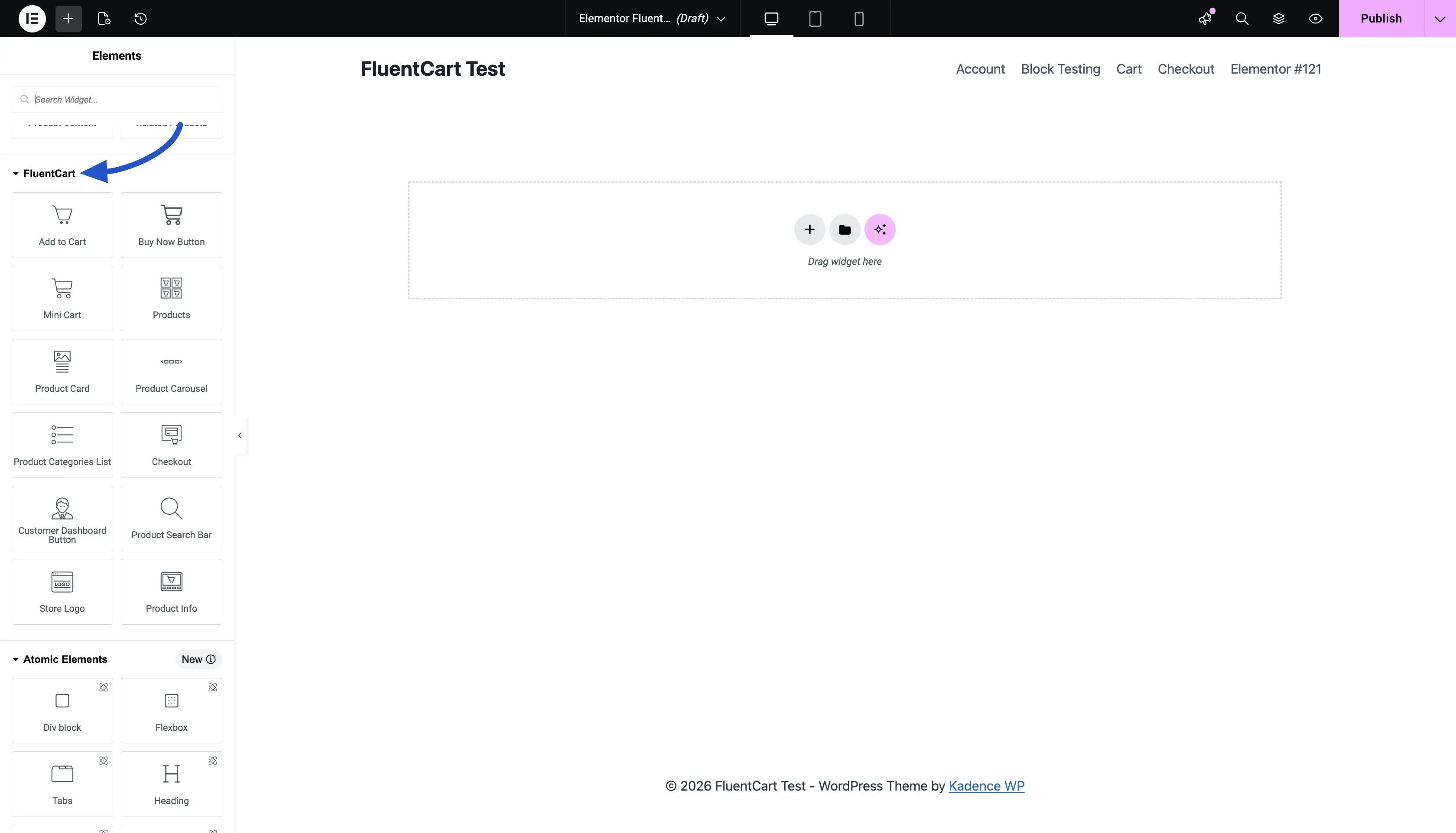 Screenshot of the FluentCart widget category panel in the Elementor editor