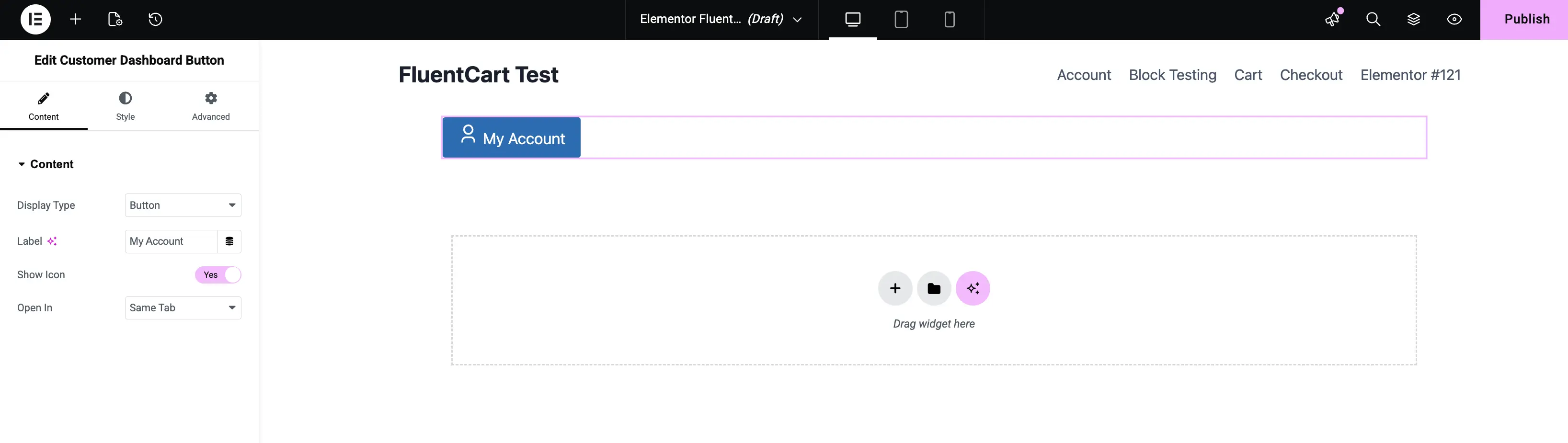 Screenshot of the Customer Dashboard Button widget edit panel in Elementor