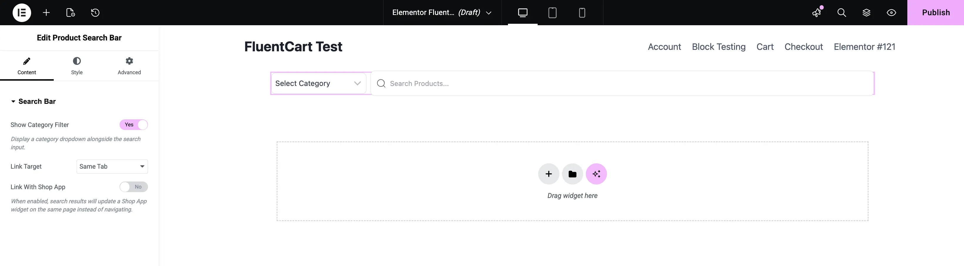 Screenshot of the Product Search Bar widget edit panel in Elementor