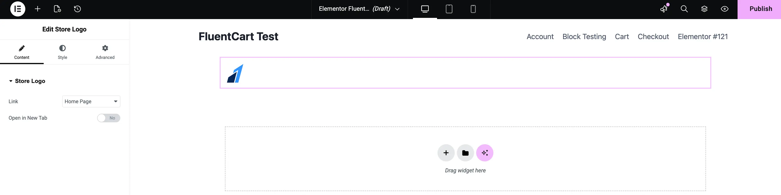 Screenshot of the Store Logo widget edit panel in Elementor