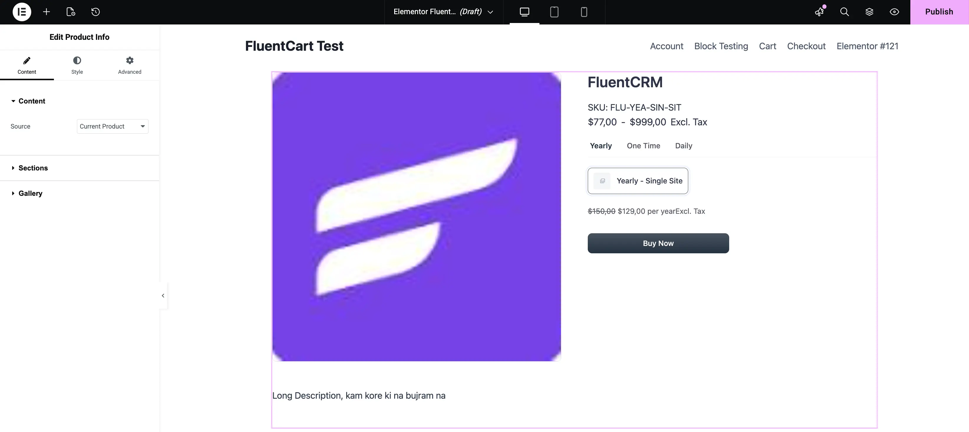 Screenshot of the Product Info widget Content tab in Elementor