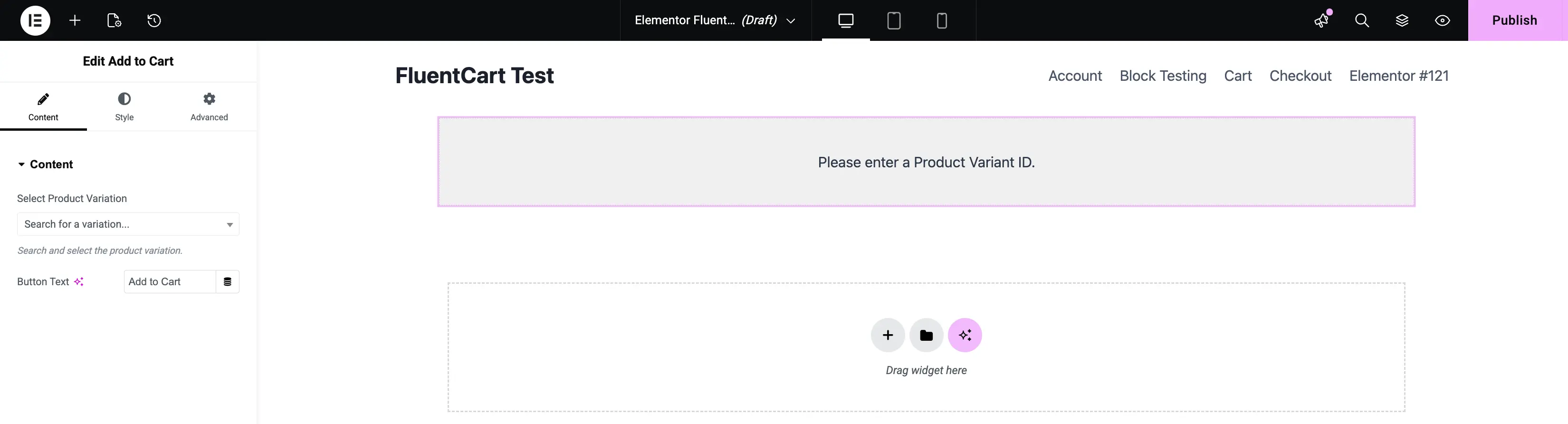 Screenshot of the Add to Cart widget edit panel in Elementor