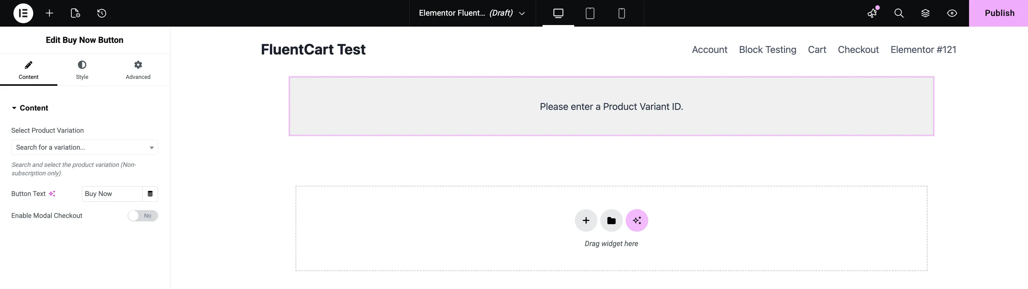 Screenshot of the Buy Now Button widget edit panel in Elementor