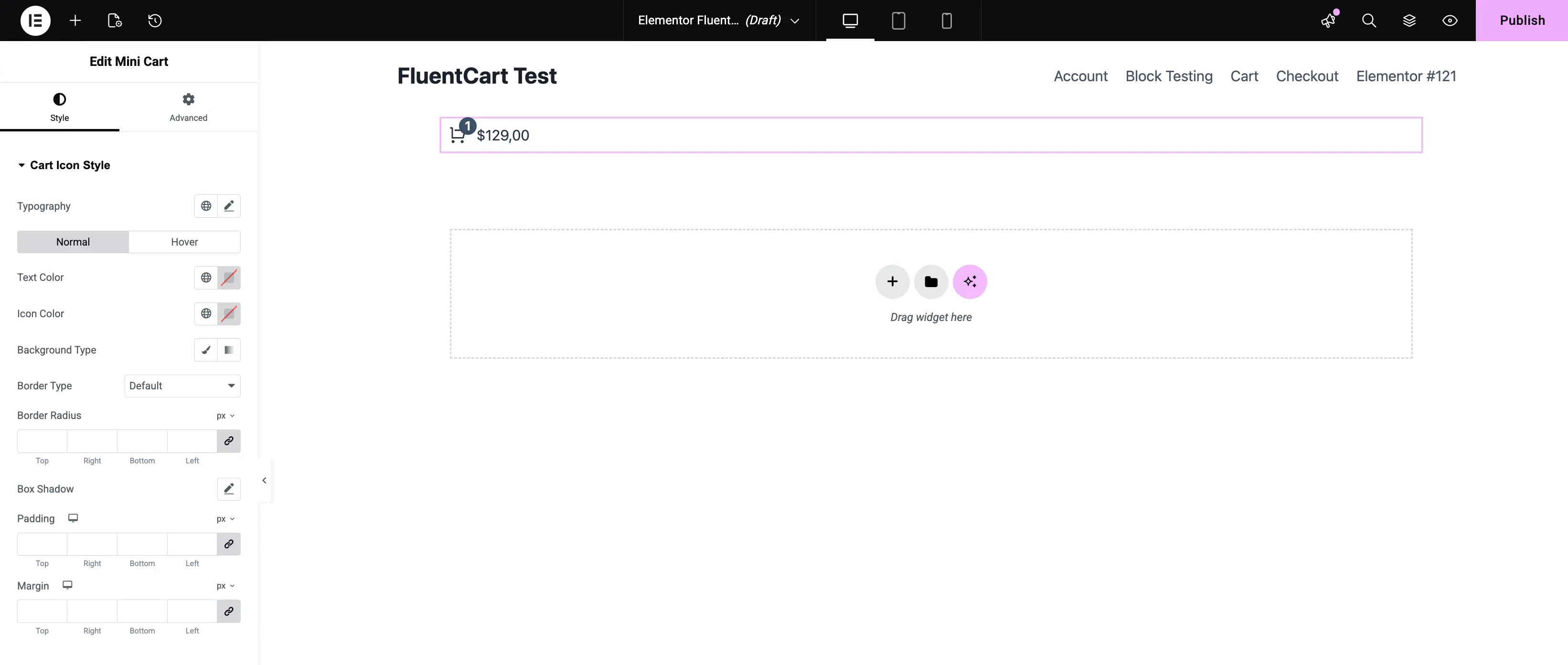 Screenshot of the Mini Cart widget edit panel in Elementor showing Style controls