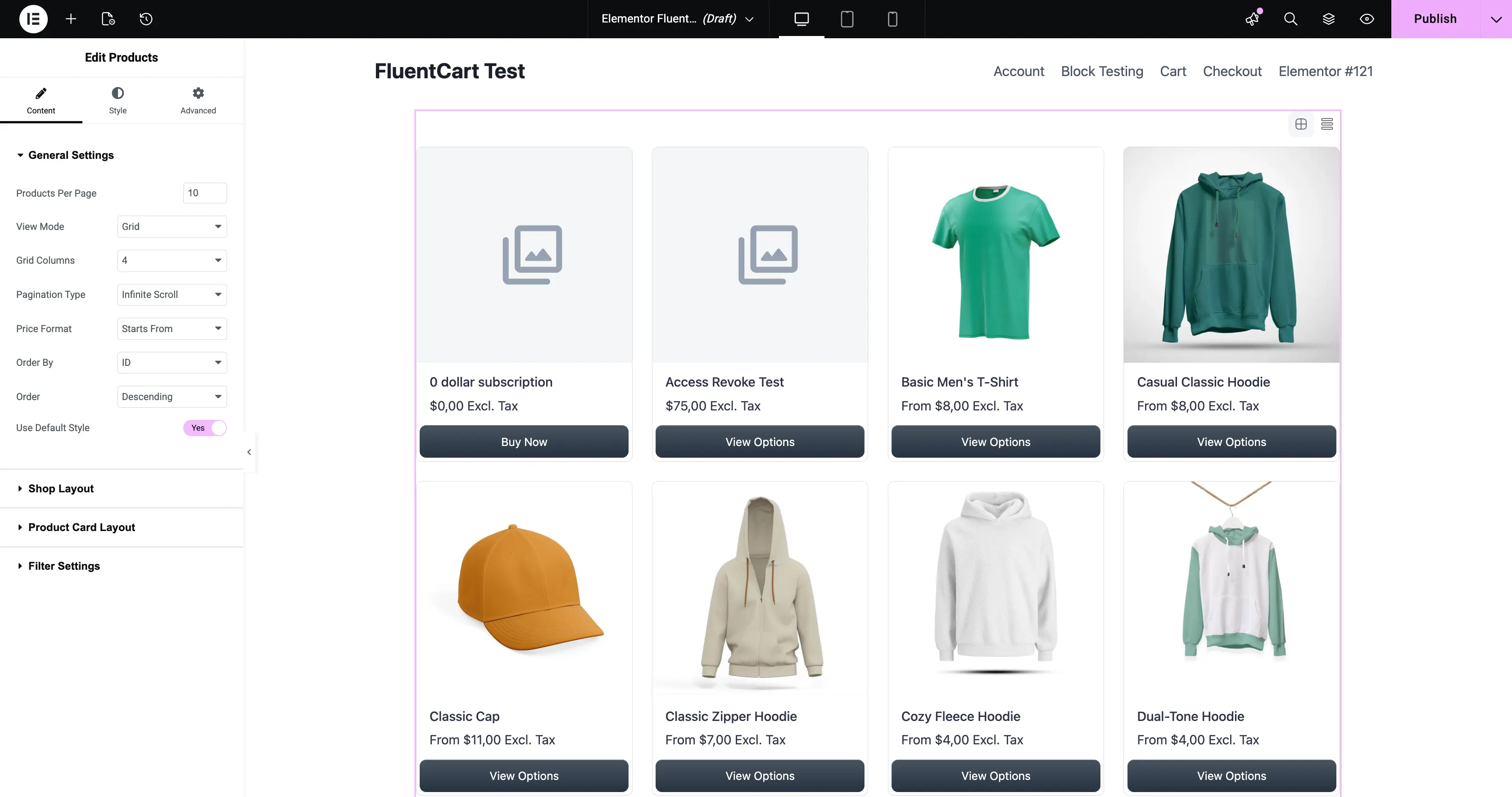 Screenshot of the Products widget edit panel in Elementor