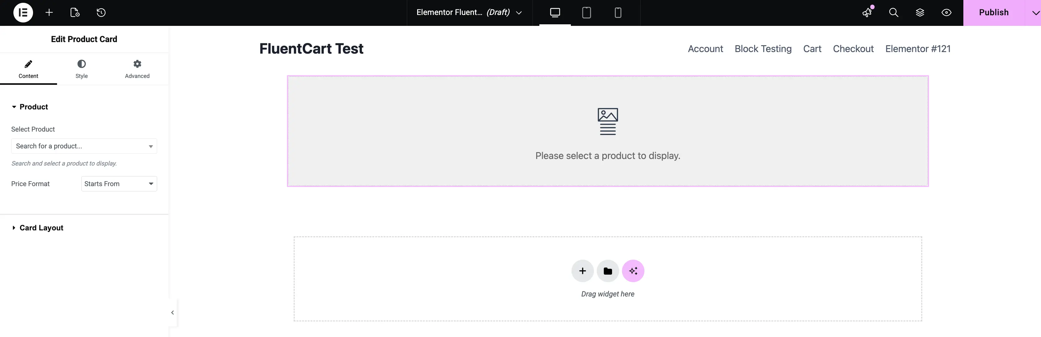 Screenshot of the Product Card widget edit panel in Elementor