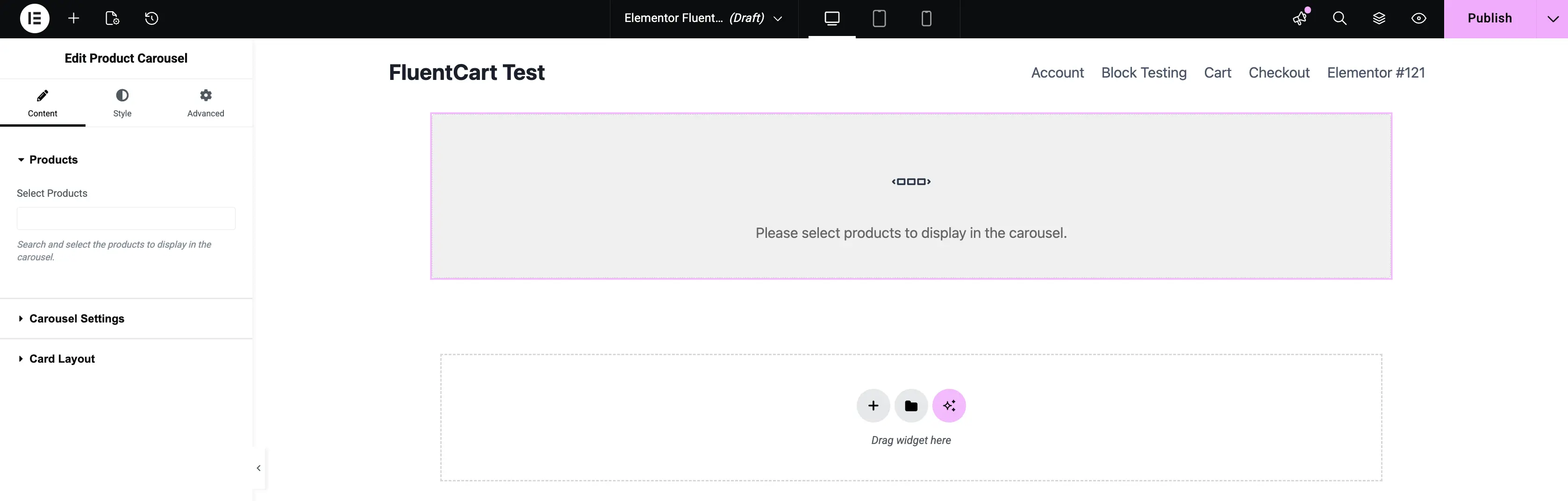 Screenshot of the Product Carousel widget edit panel in Elementor