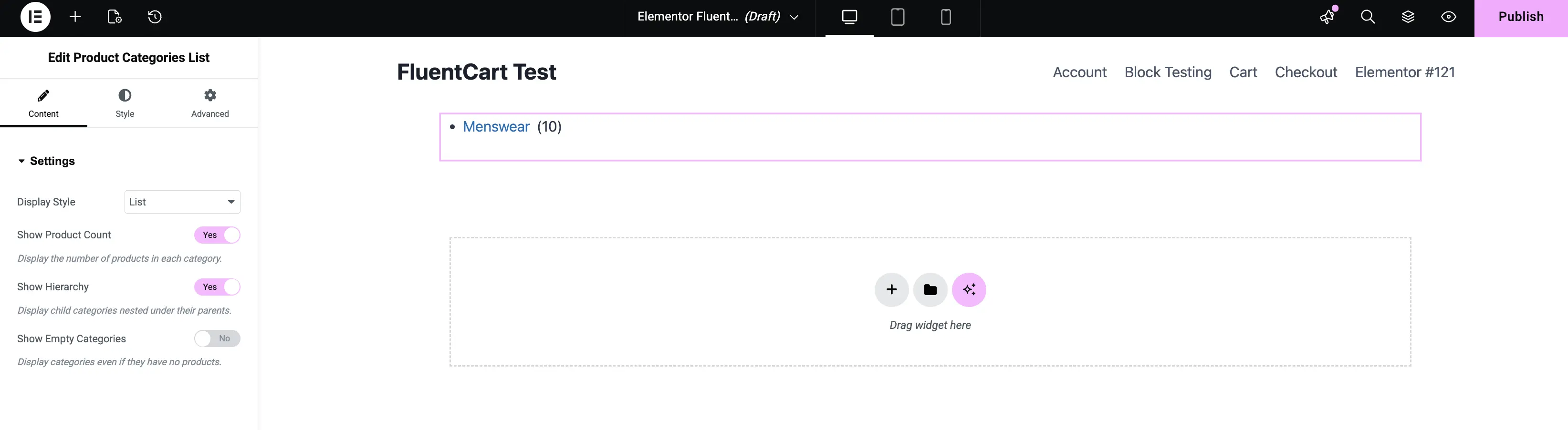 Screenshot of the Product Categories List widget edit panel in Elementor