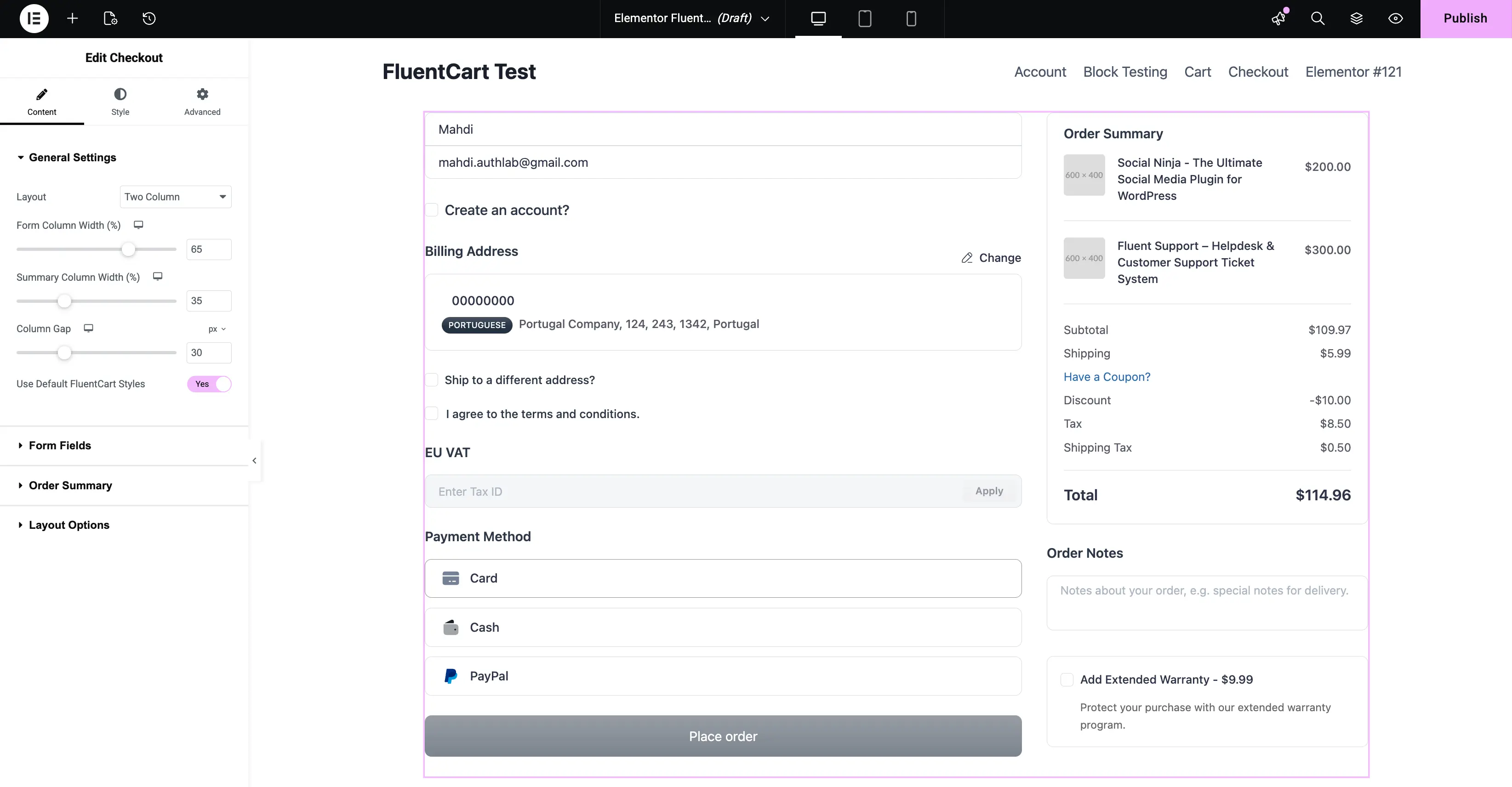 Screenshot of the Checkout widget edit panel in Elementor