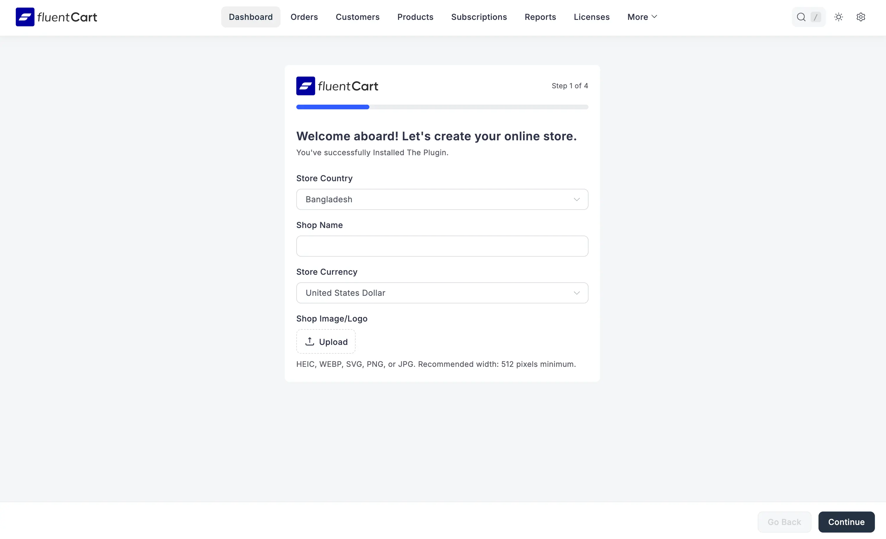 Screenshot of Initial Setup Wizard - Store Details (Step 1 of 4)