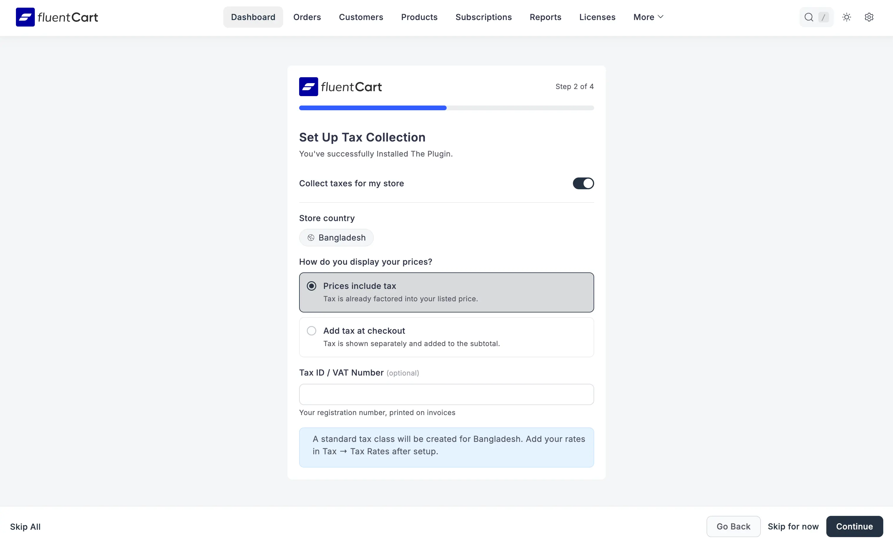 Screenshot of Initial Setup Wizard - Set Up Tax Collection (Step 2 of 4)
