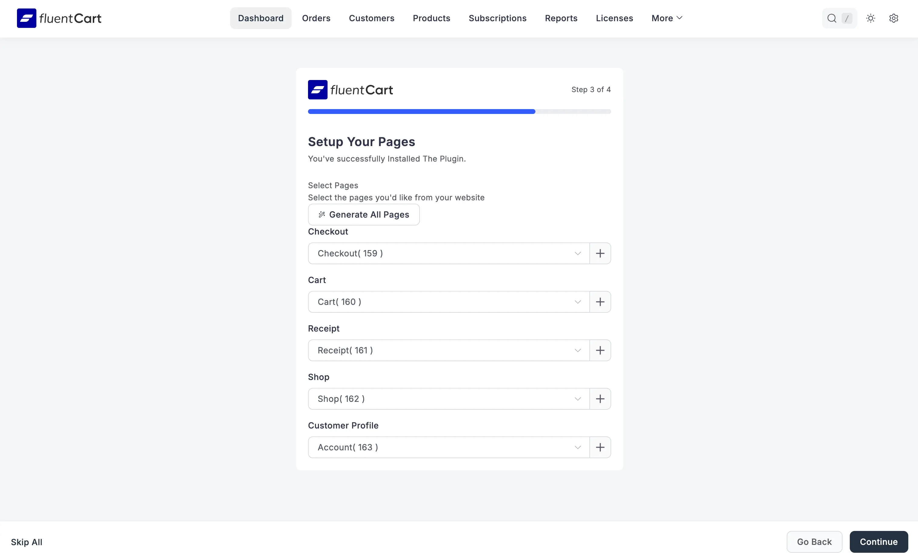 Screenshot of Initial Setup Wizard - Setup Your Pages (Step 3 of 4)