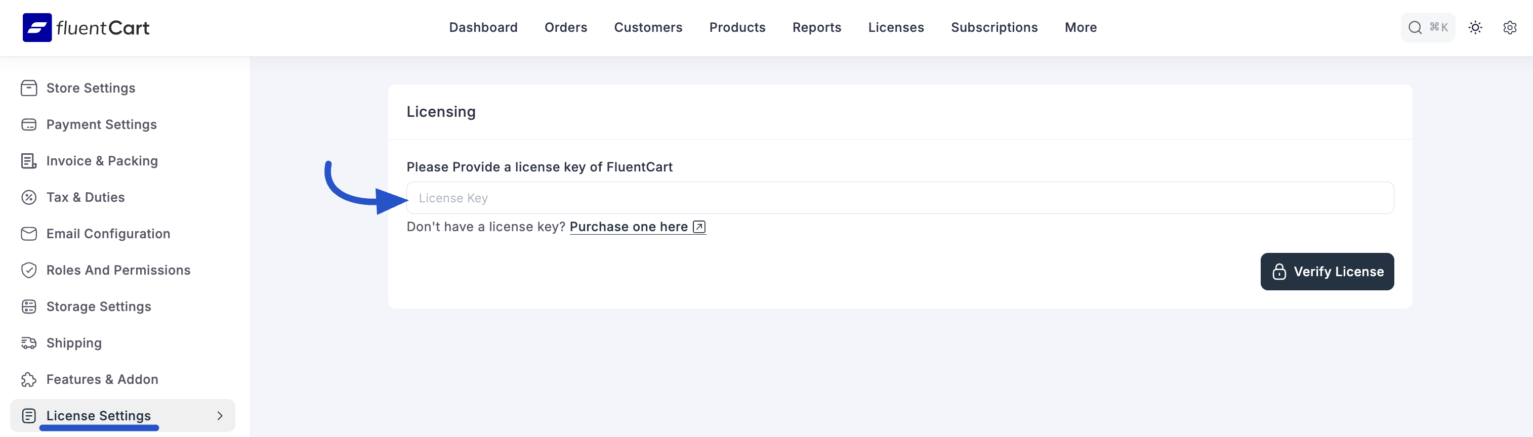 Screenshot of Licensing Settings Tab
