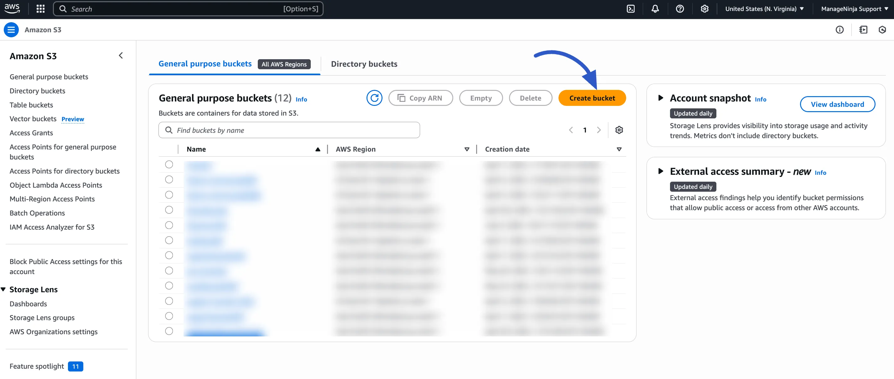 The 'Create Bucket' button in AWS S3