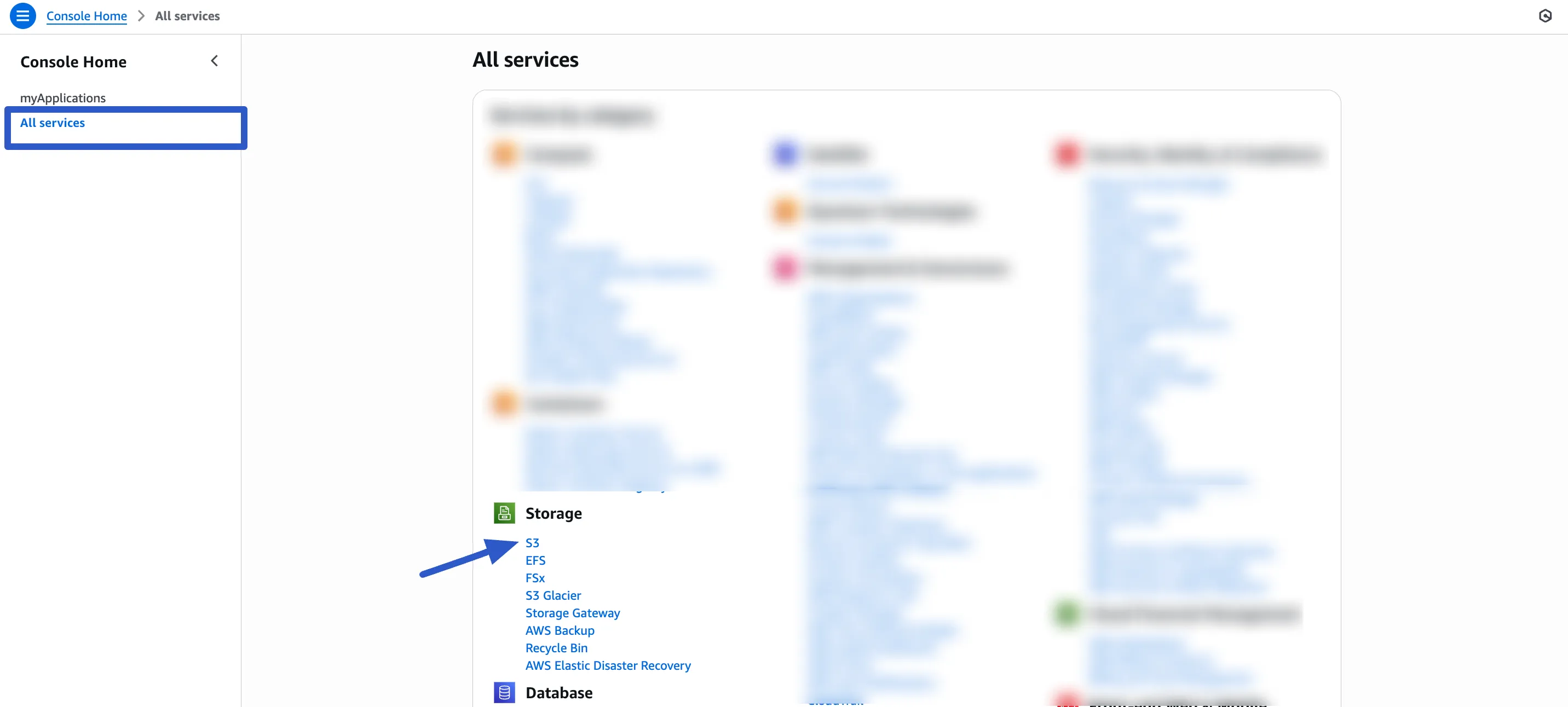 Navigating to the S3 service in AWS