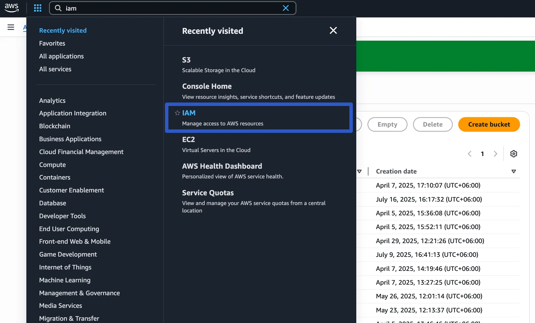 Searching for IAM in the AWS console