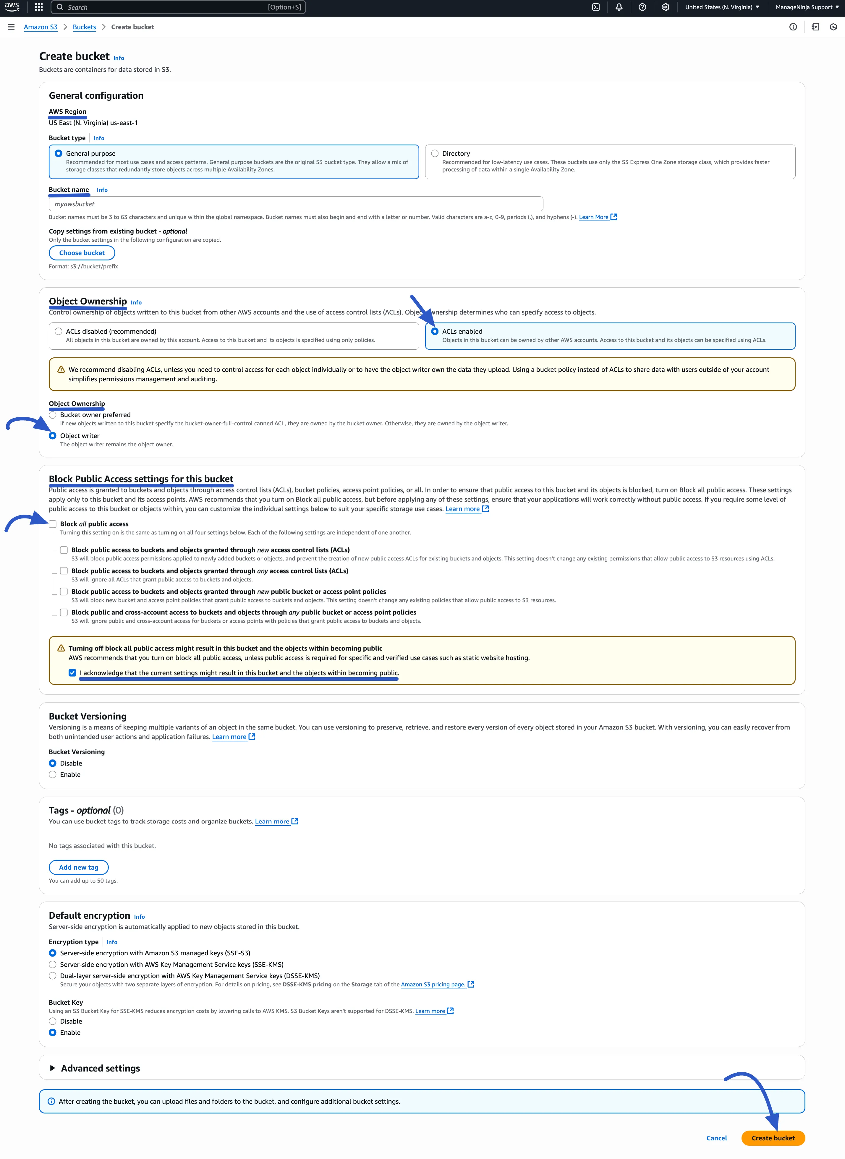 The 'Create Bucket' Creation page in AWS S3