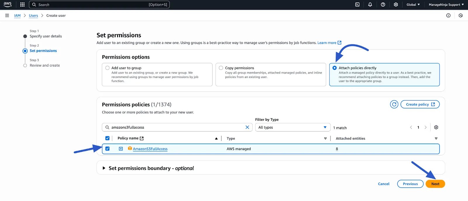 Attaching the AmazonS3FullAccess policy