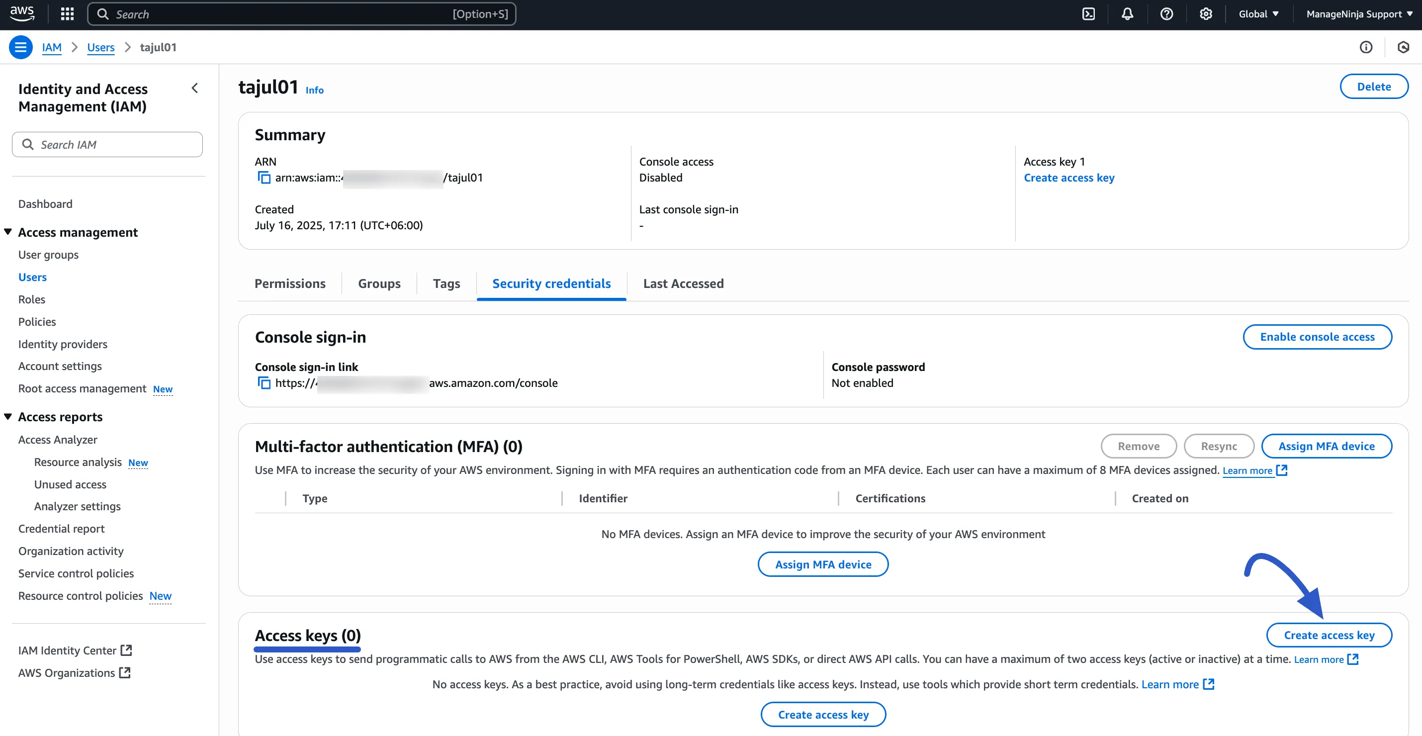 The 'Create access key' button in security credentials
