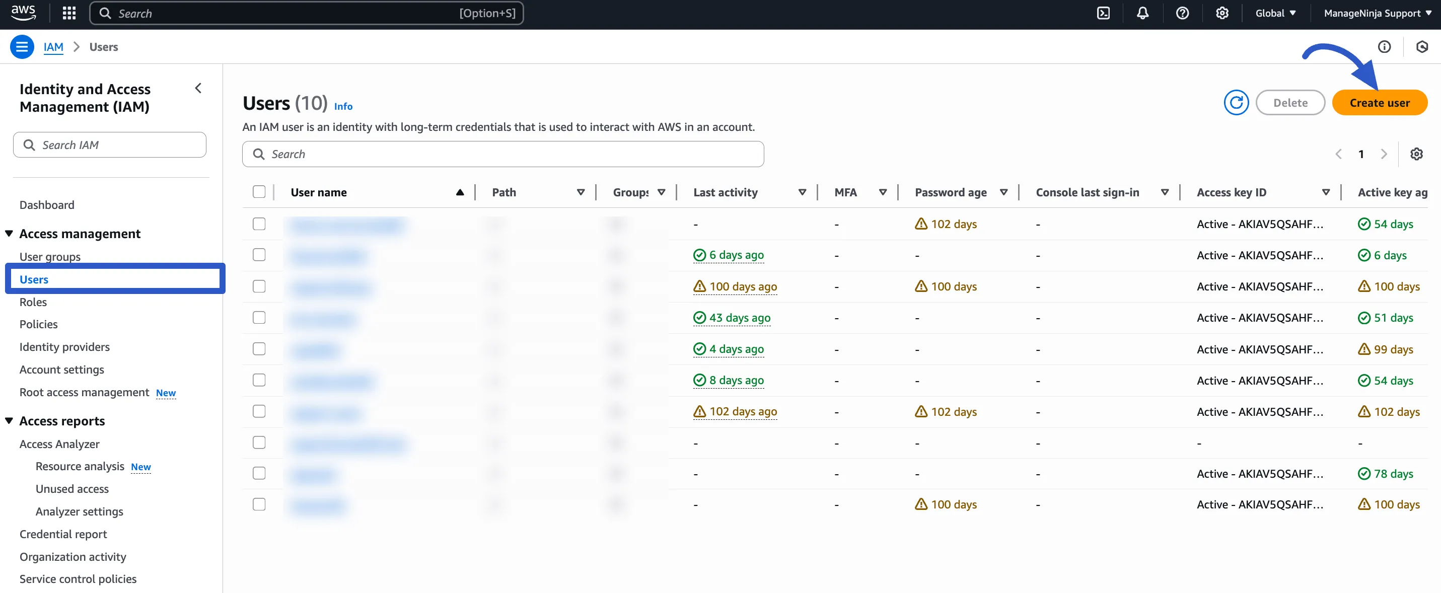 The 'Create User' button in the IAM dashboard