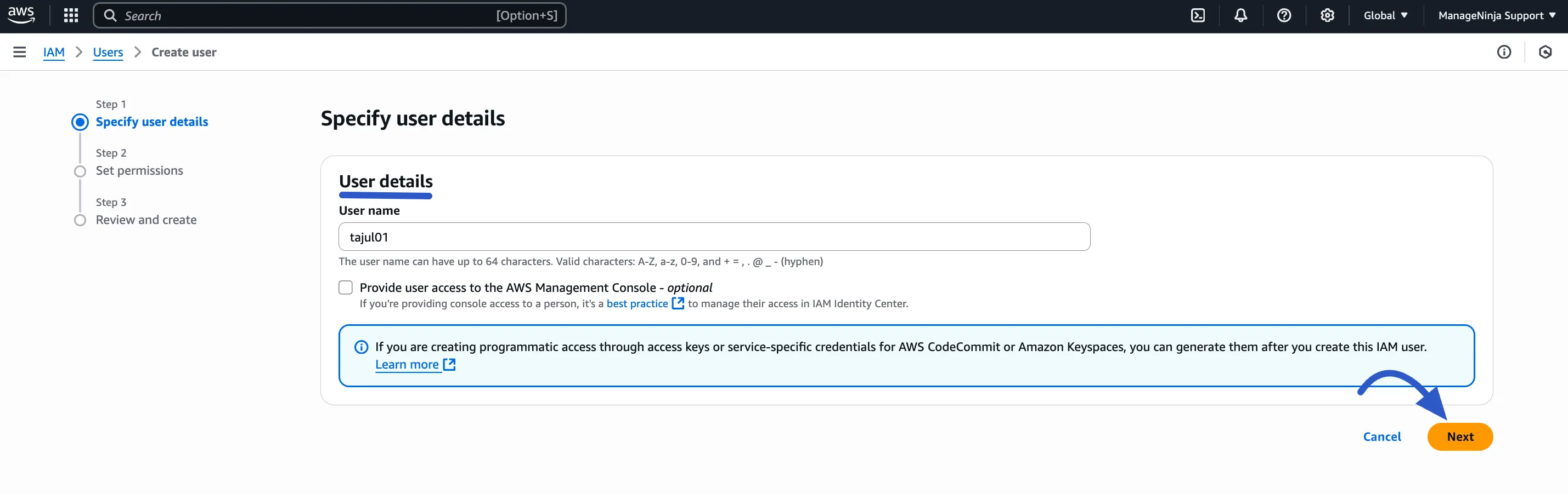 Setting the user name in IAM