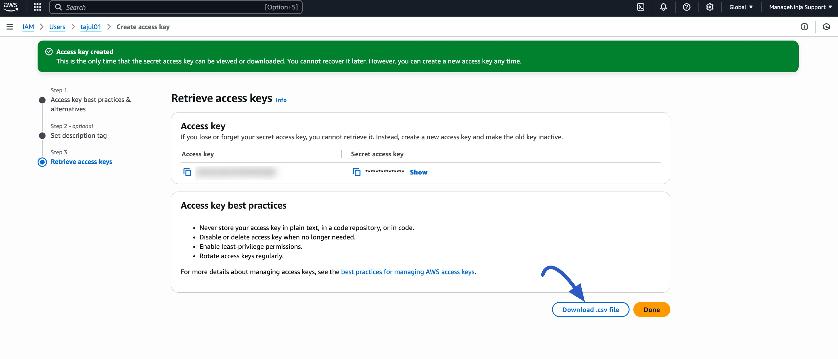 Viewing the final Access Key and Secret Access Key