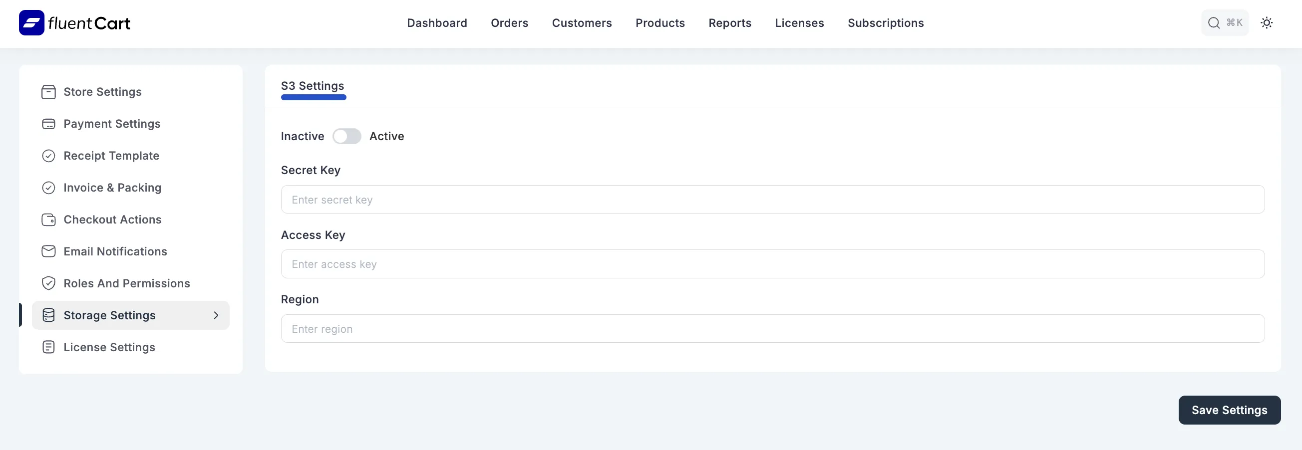 Amazon S3 configuration fields in FluentCart