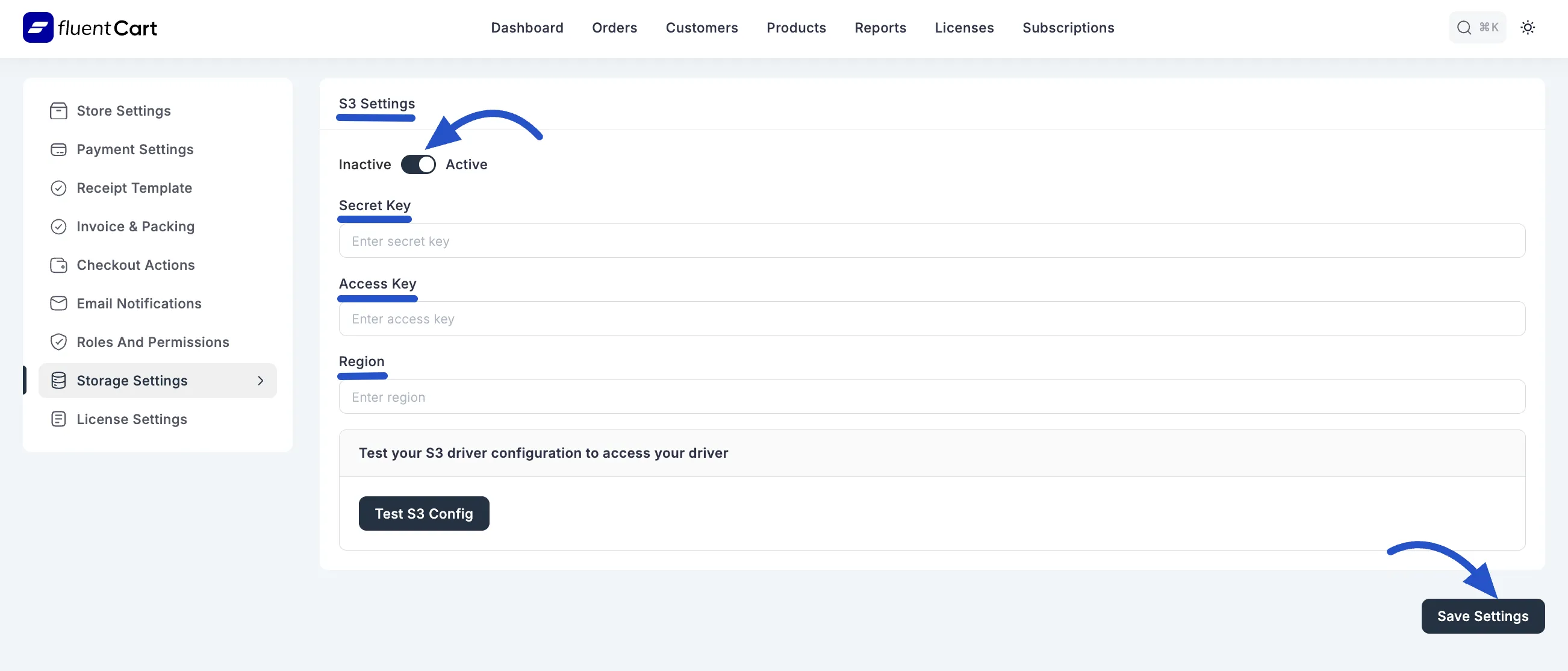 FluentCart Storage Settings