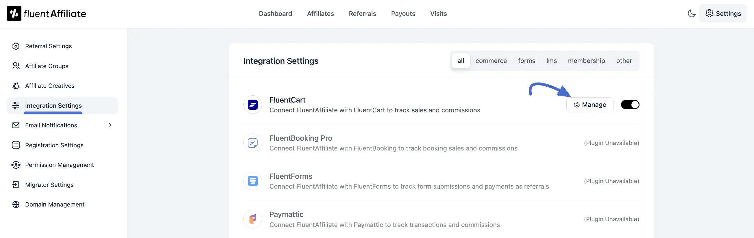 Enable FluentCart integration with FluentAffiliate