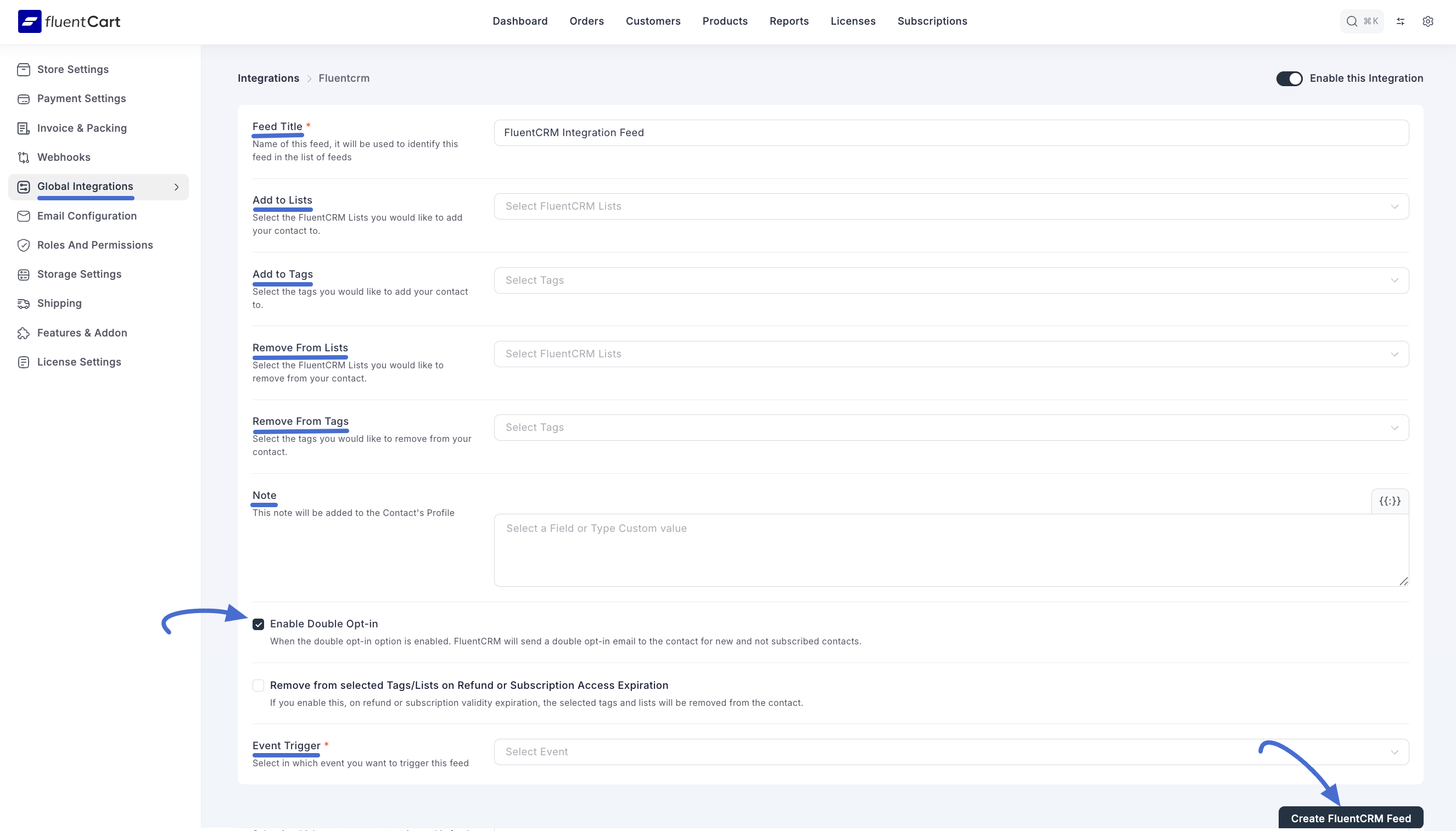 Screenshot of Fluentcrm Integration Feed Page