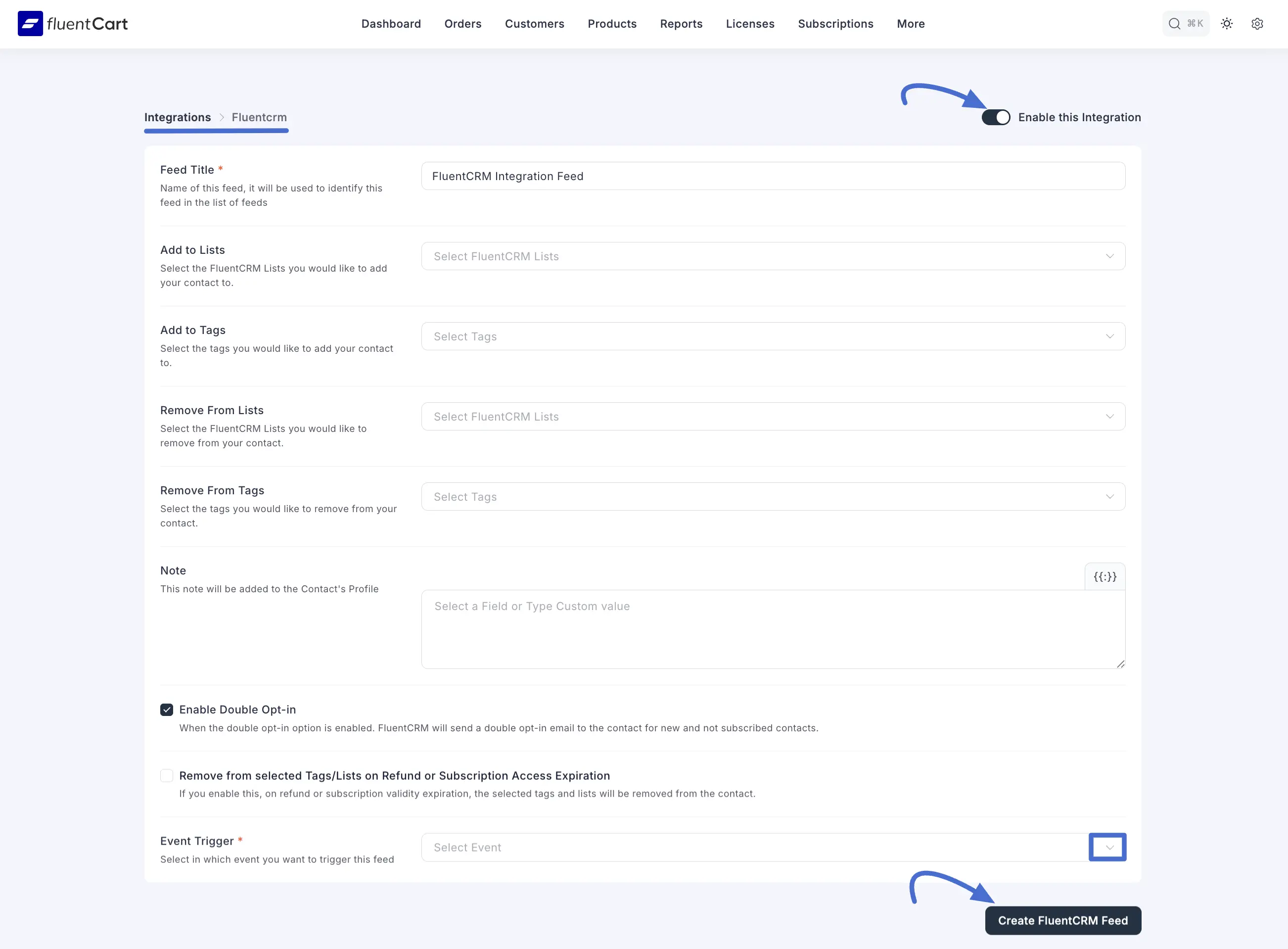 Screenshot of Fluentcrm Integration Feed Page
