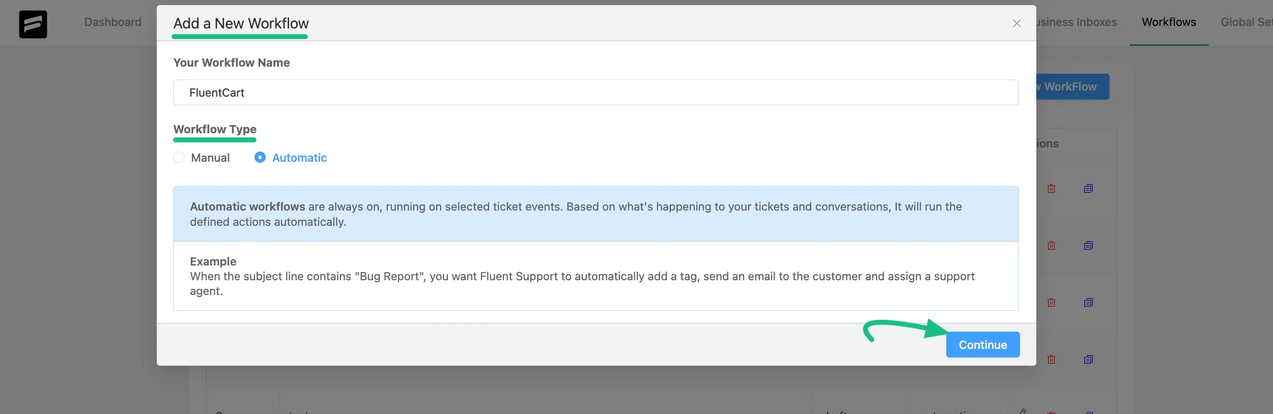 Screenshot of Fluent Support Workflows