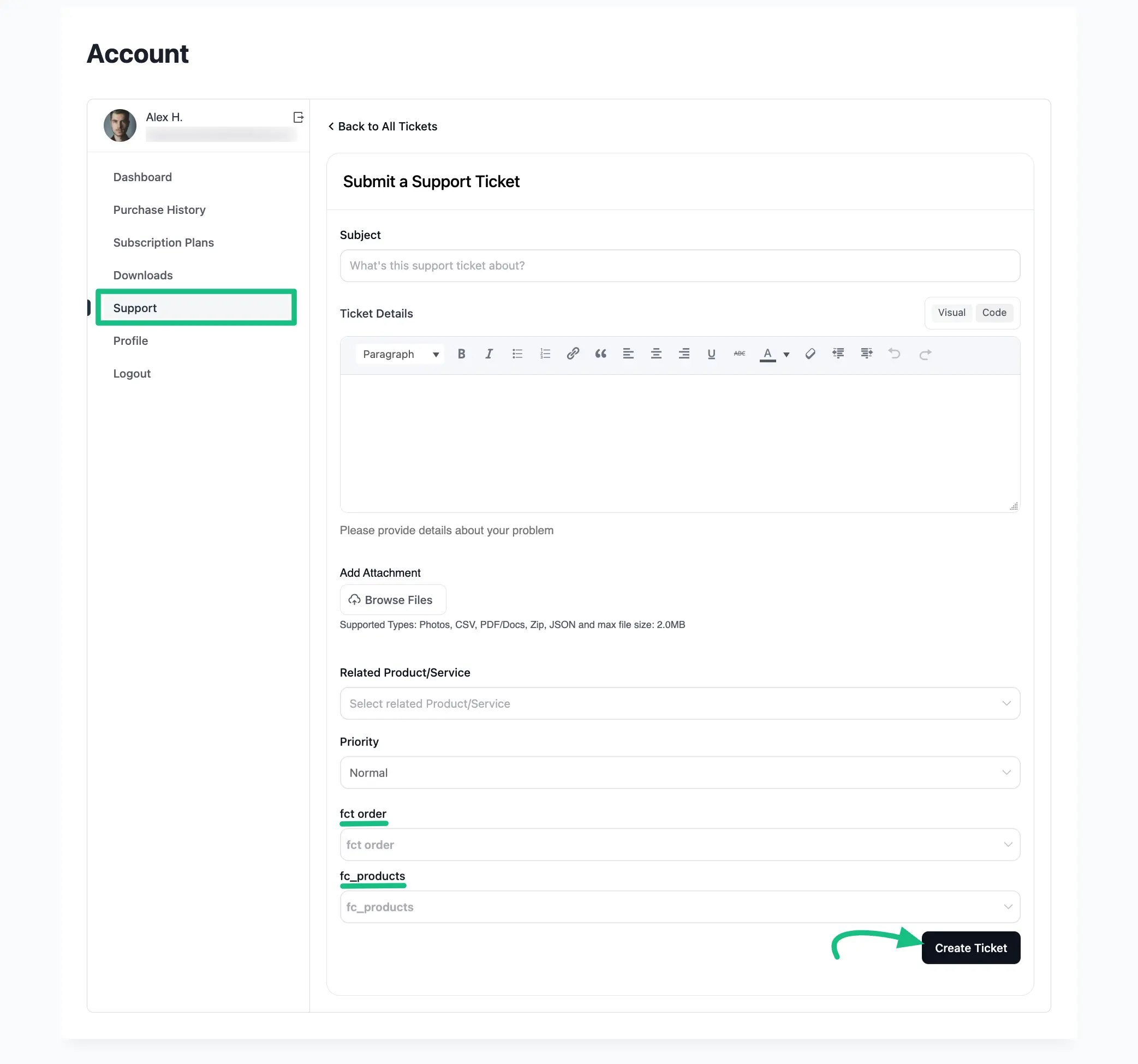 Screenshot of Submit a Support Ticket