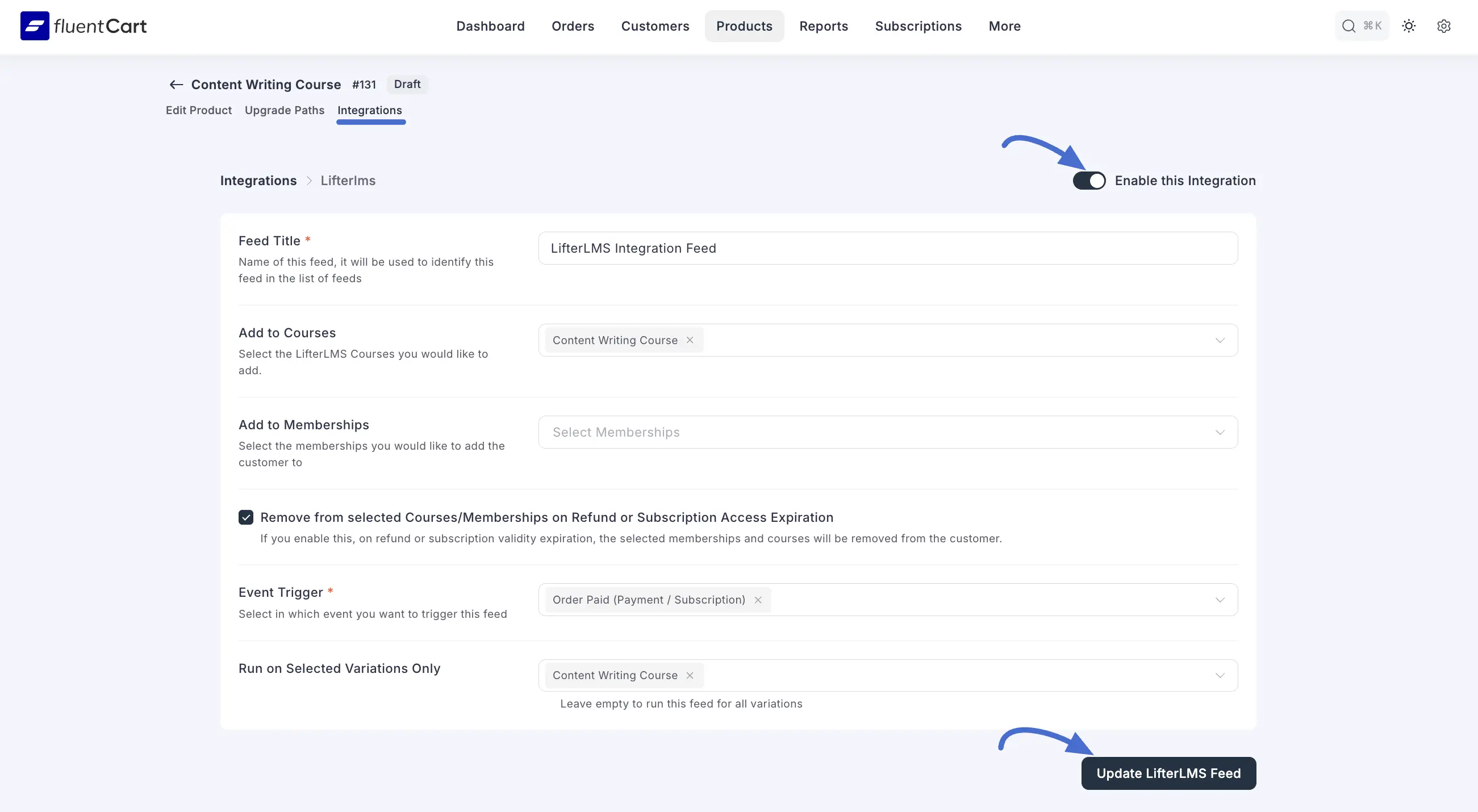 Screenshot of LifterLMS Integration Feed