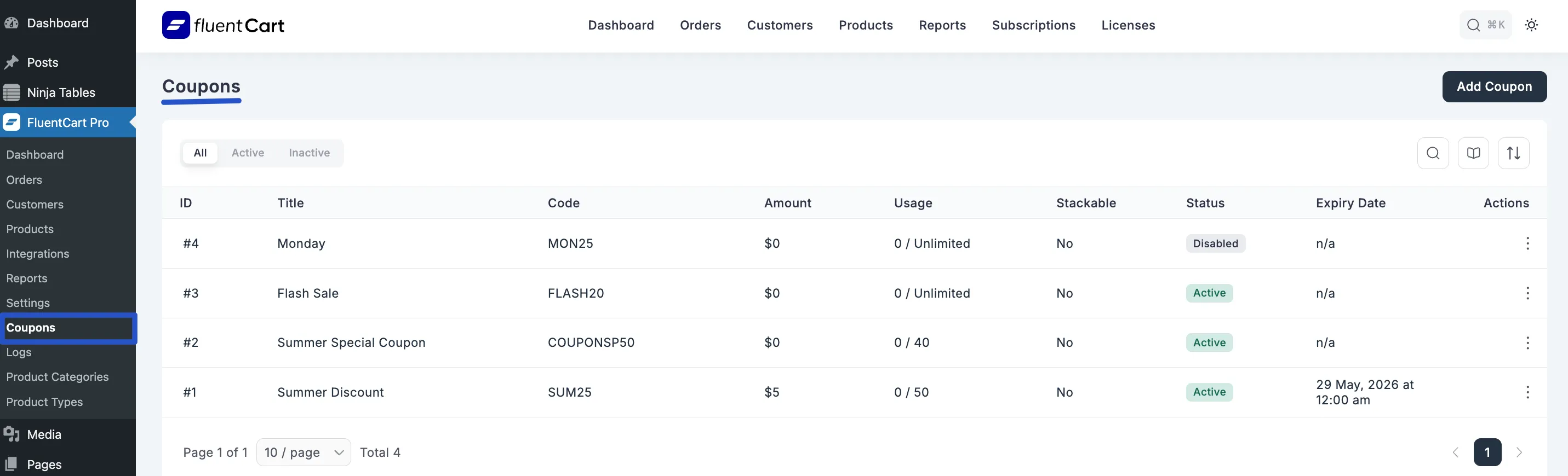 Screenshot of Coupons List Page