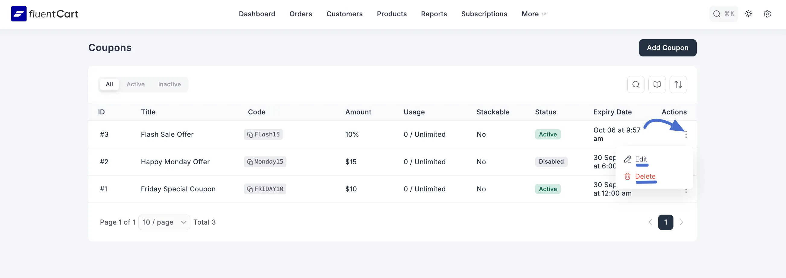 Screenshot of Edit or Delete existing Coupons