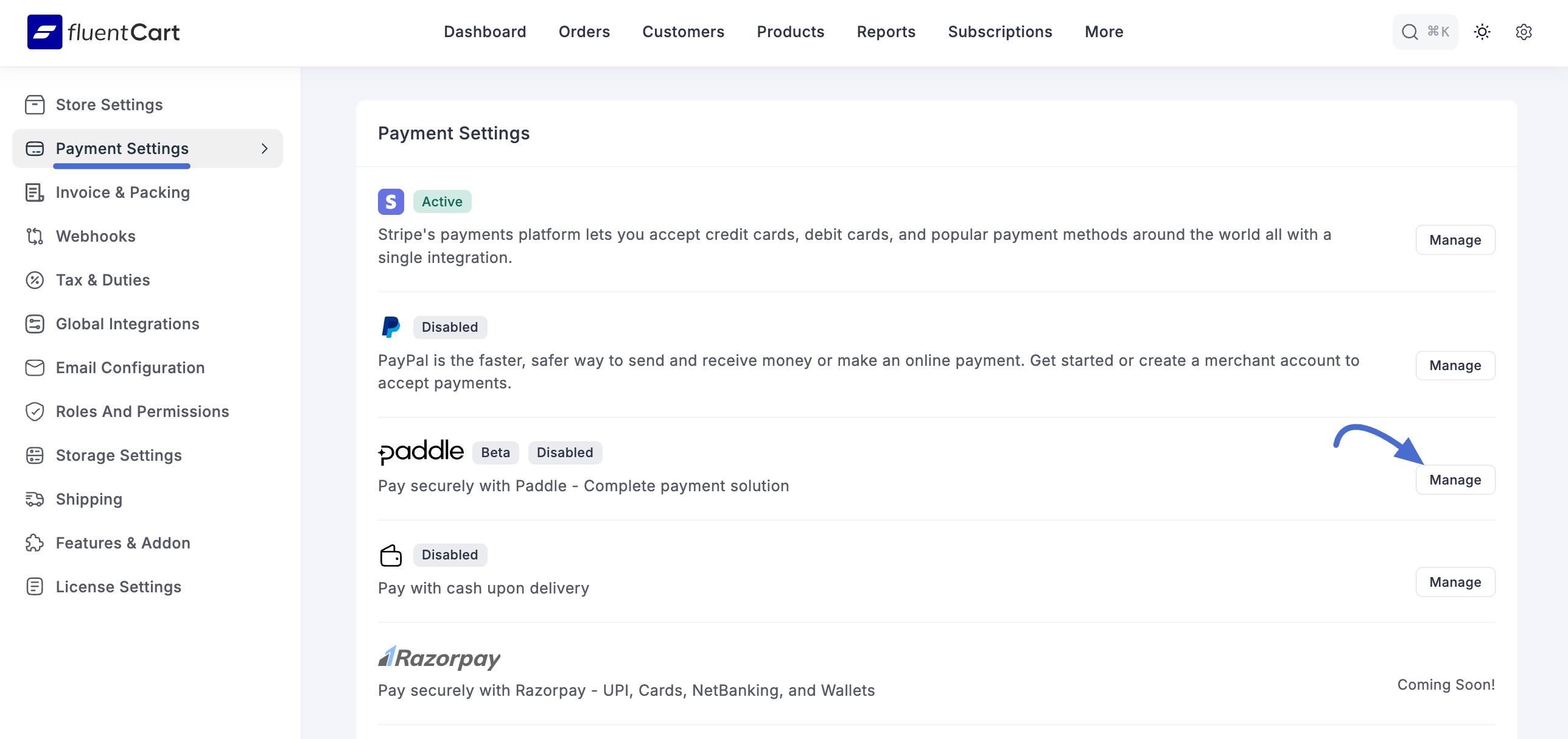 Screenshot of Activate Paddle in FluentCart