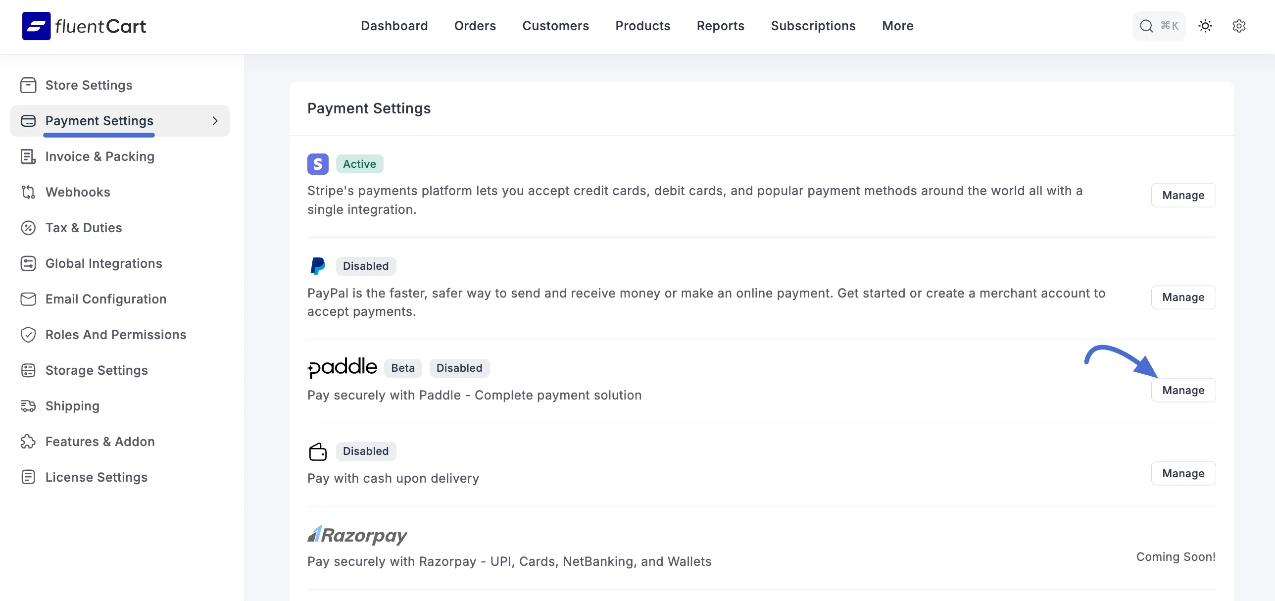 Screenshot of Activate Paddle in FluentCart