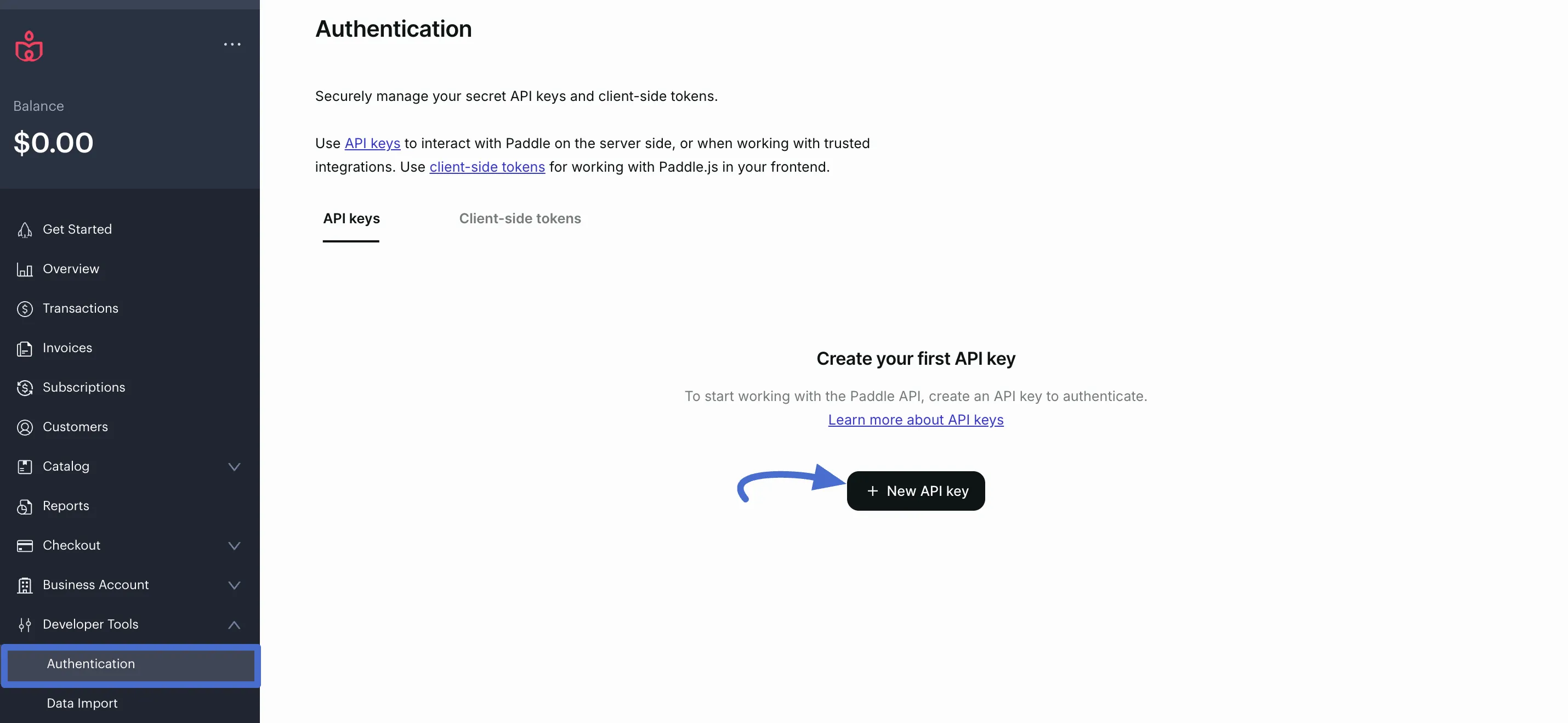 Screenshot of API key